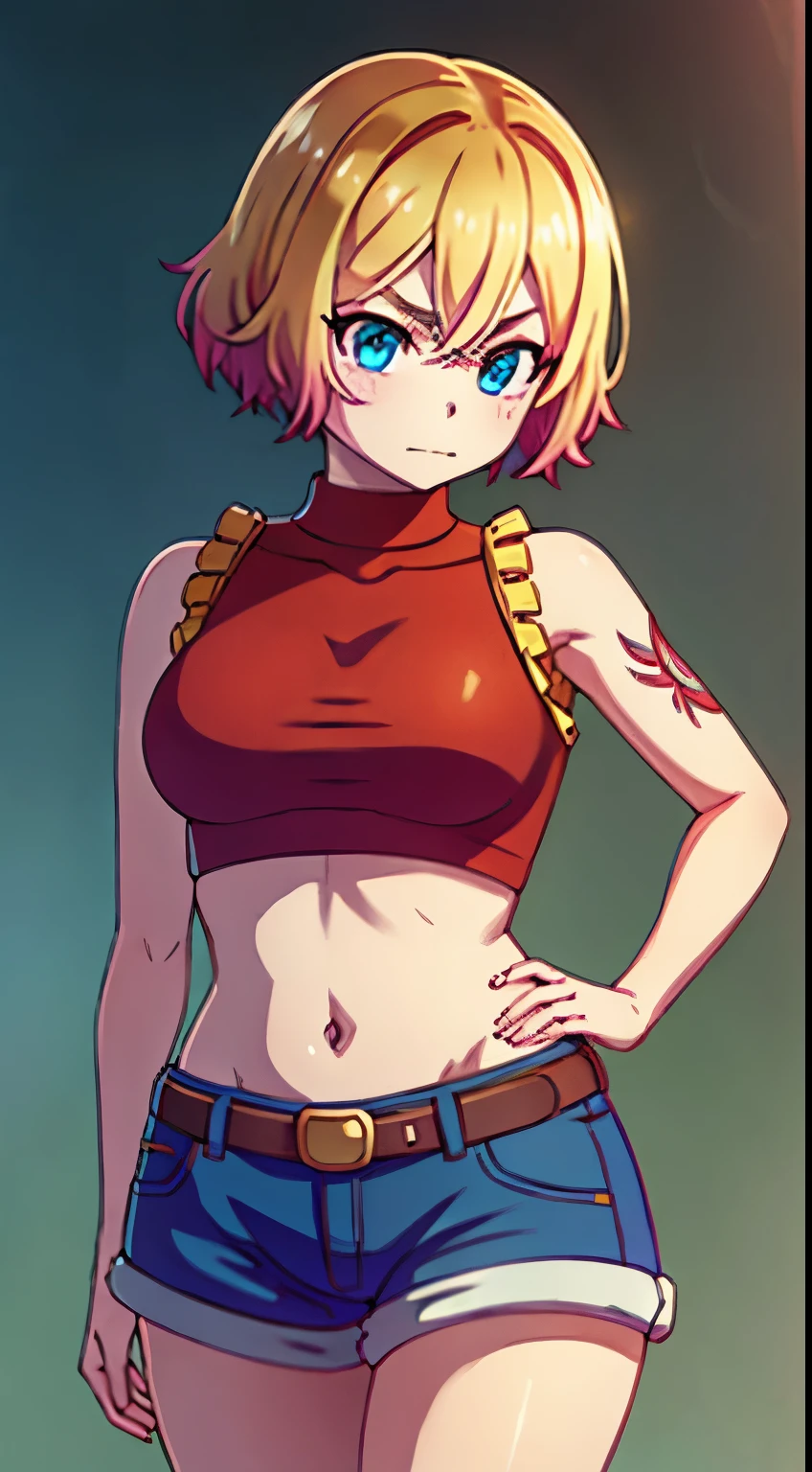 young girl,multcolored hair, Hairpin with a bundle, turquoise eyes, Yakuza tattoos, red tight uniform, Sleeveless, Wide neckline on the chest to the abdomen, Gold Elements, Red gold armor, Shorts, claws, smirk, Masterpiece, hiquality, 4k, HD, Good detail