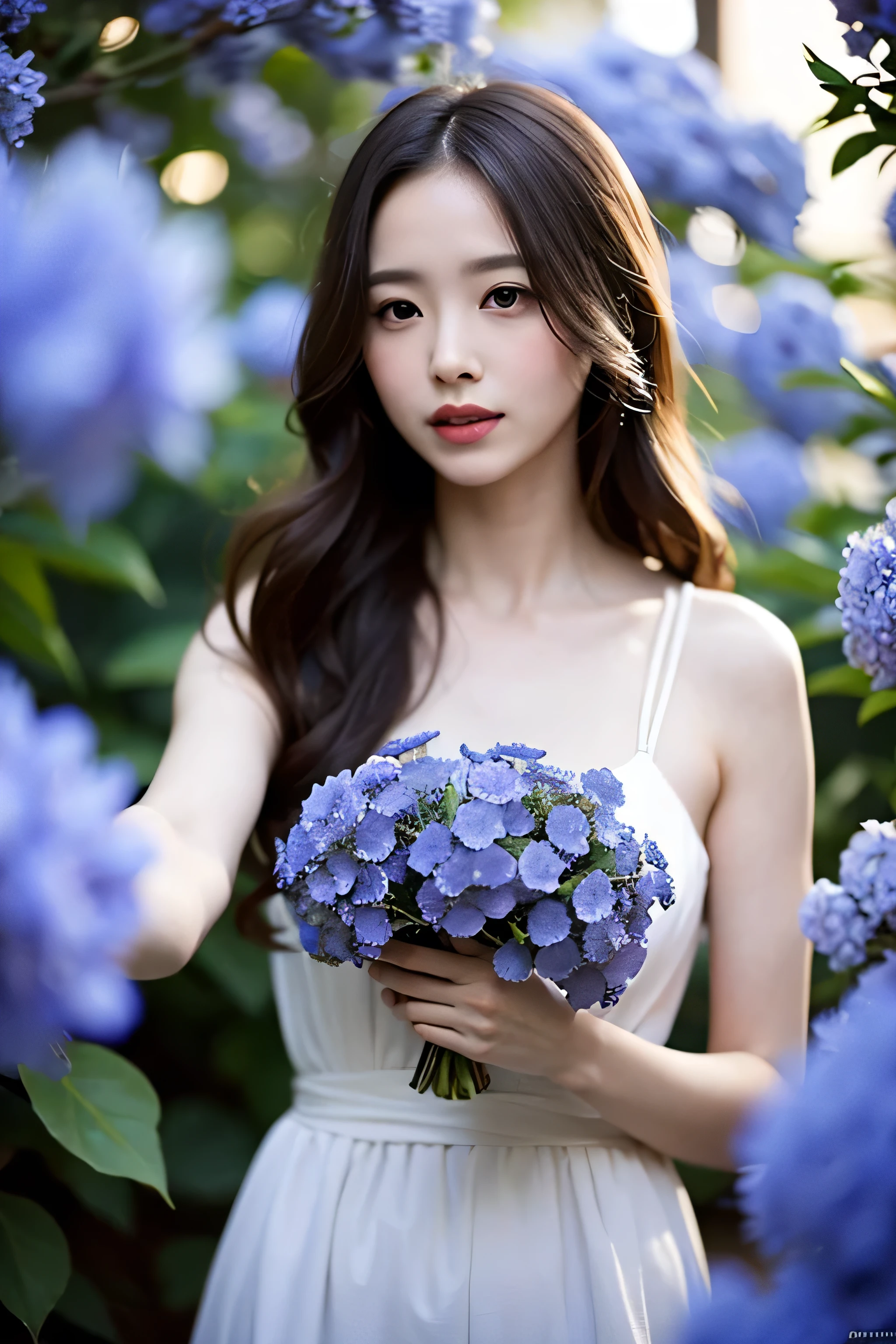 A beautiful blind woman standing in a fragrant garden, her arms outstretched gently touching the soft petals of the vibrant blue flowers, connecting with nature, realistic, hyperdetailed, photorealistic, 8k, masterpiece, intricate details, cinematic lighting, warm color palette, chiaroscuro, dramatic shadows, oil painting