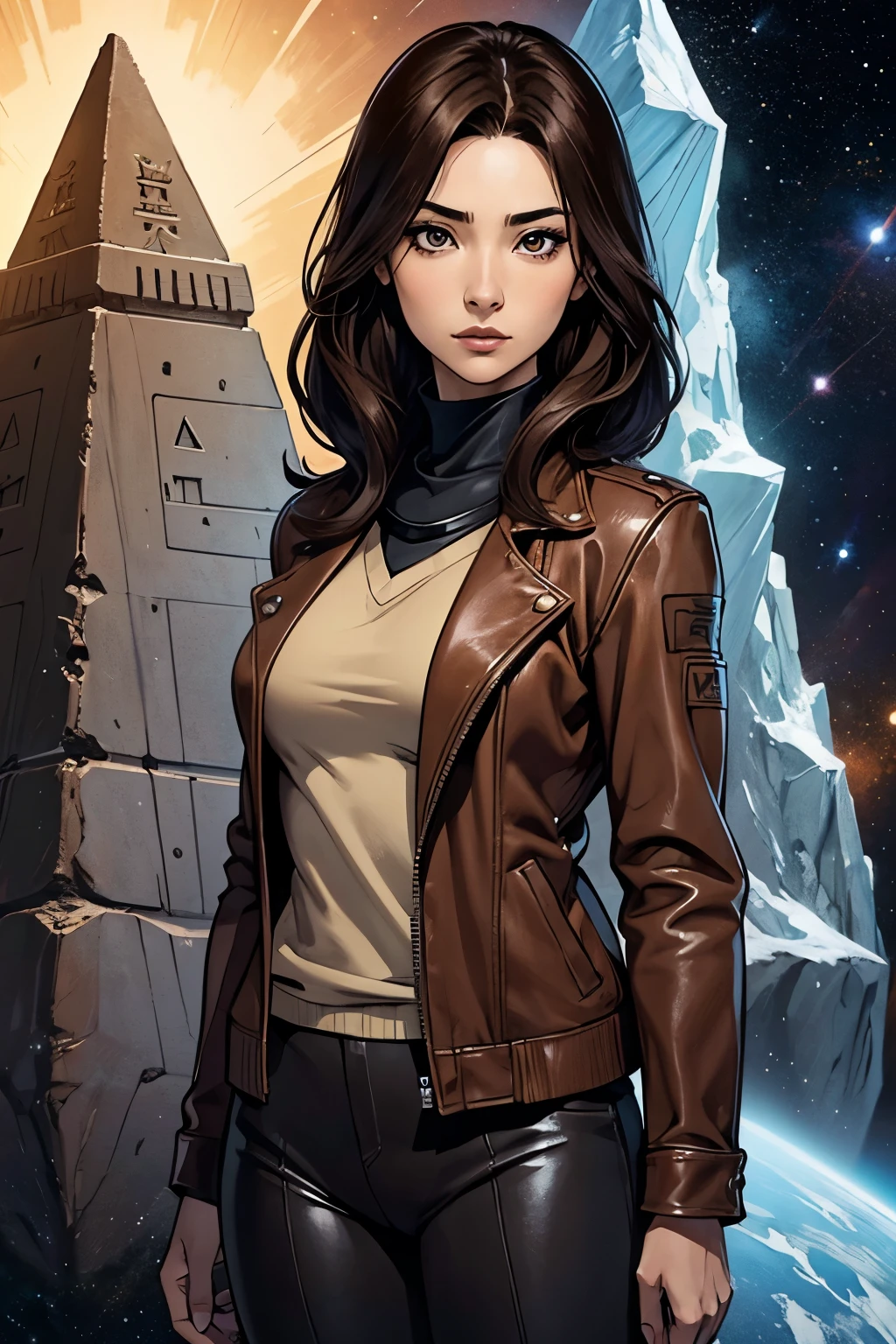 Beautiful Japanese woman. Detailed drawing of the face.An intelligent impression. Dark brown hair. She is looking at the camera with a serious expression. She is twenty-eight years old. She is wearing a brown leather jacket. In the space behind her is an image of an icy pyramid and outer space.