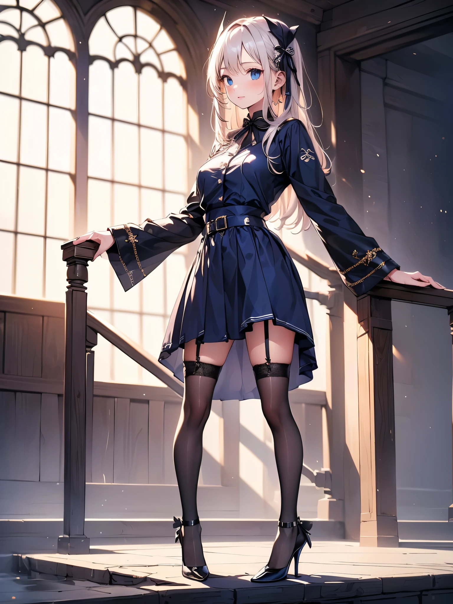 ((Biologically correct limb count)),(( From head to toe,Full-body photo including face)),4K,((Standing position)),masterpiece,((Focus on the face)),((Symmetrical facial features)),Eyes with detailed description,Beautiful woman,Great style,Beautiful arms,Beautiful legs,Beautiful Hands,(Small Ass,Thin thighs),Detailed depiction of the face,Small earrings,necklace,(Will school uniform,dress((High heels))),((Morning Shrine)),(((blue blonde))),Realistic photo,beret,Looking up,Look up