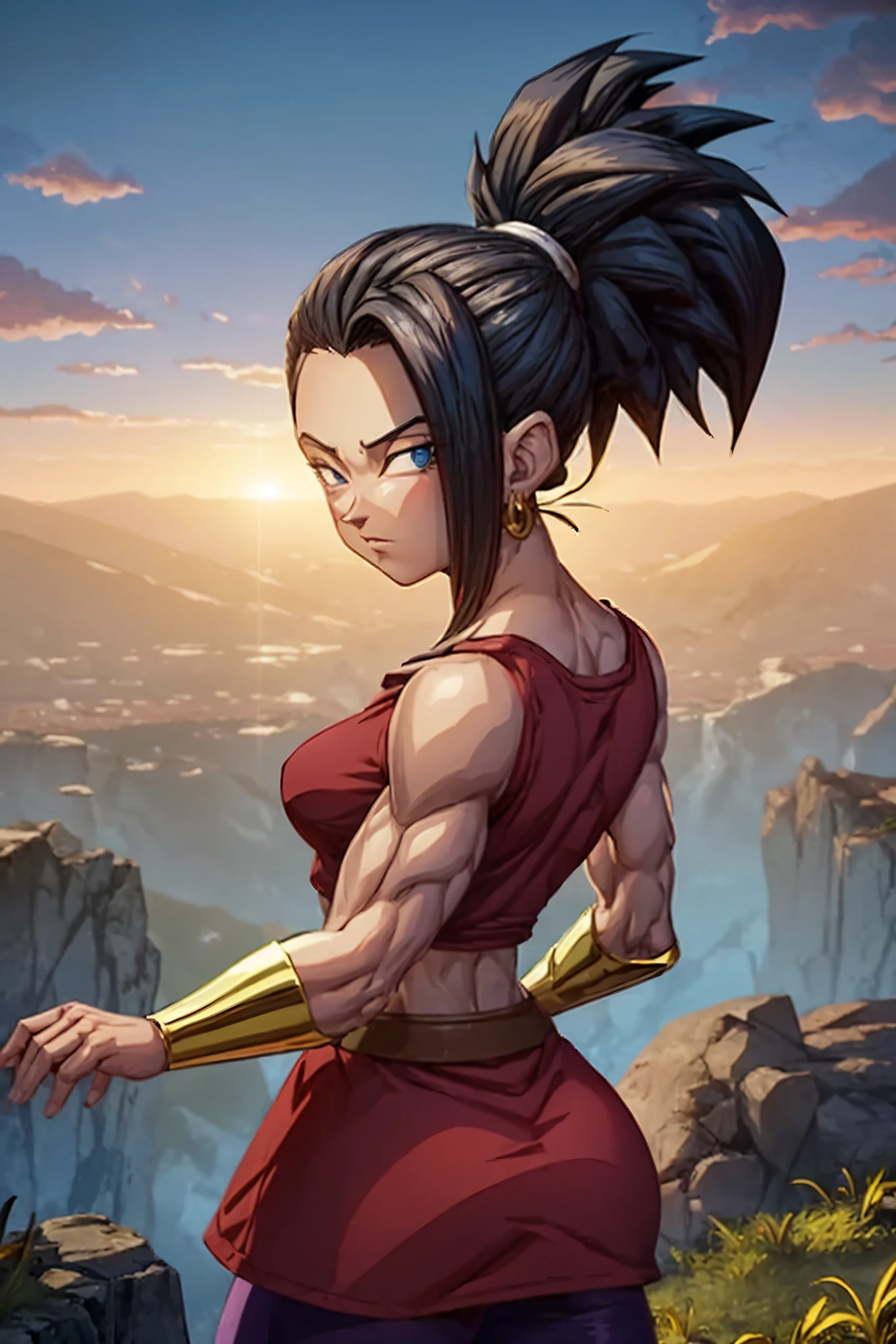 Kale, the Saiyan from Universe 6, standing on the edge of a towering mountain, her powerful yet slender frame highlighted by the setting sun behind her. Her long, wild black hair flows in the wind, and she is wearing her green top and red skirt. The camera angle is focused on her body from behind, emphasizing her muscular build and confident stance as she gazes over the vast landscape below. The atmosphere is serene yet intense, with the soft light casting dramatic shadows, accentuating her defined muscles and calm demeanor