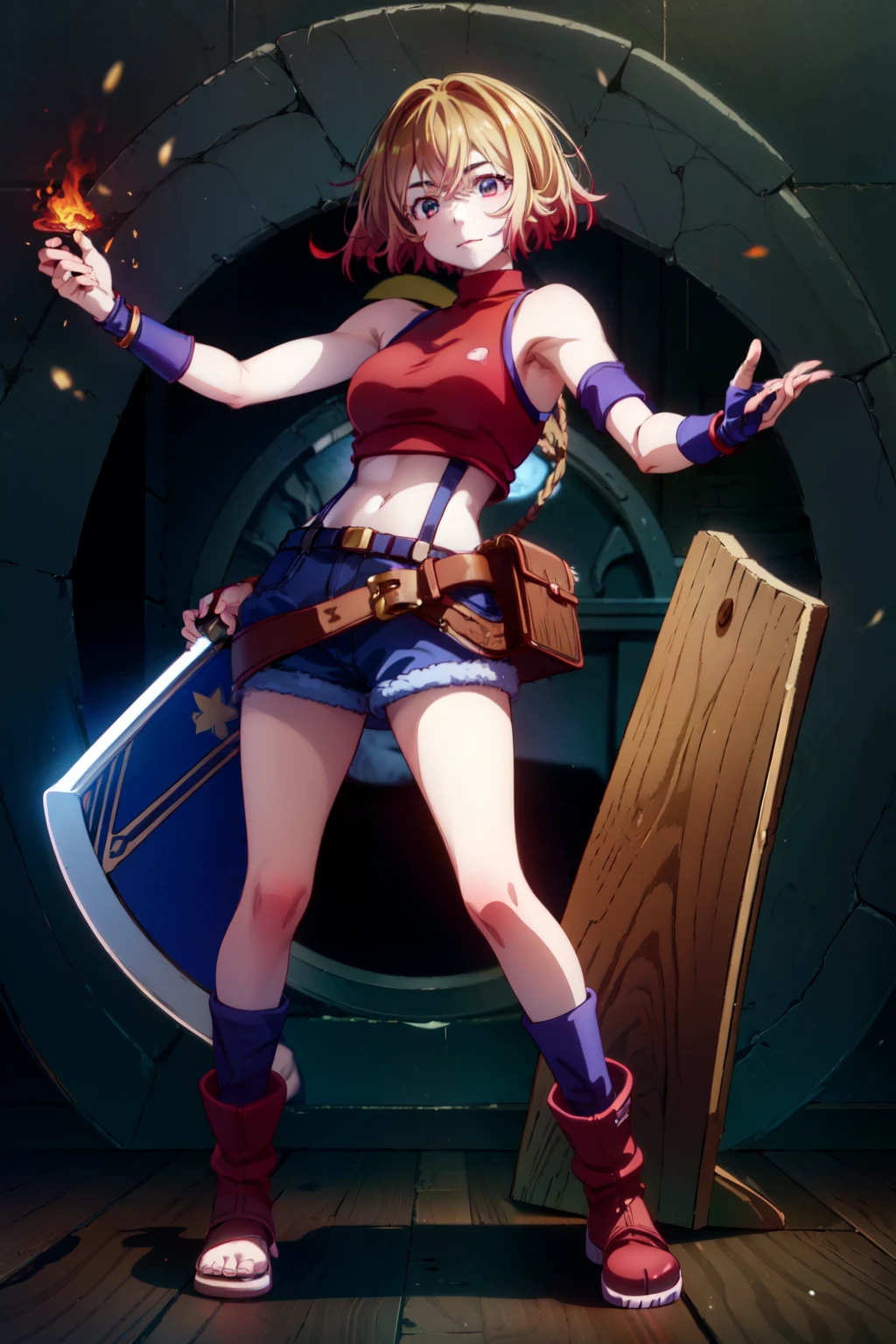 (masterpiece, best quality:1.2), red glowing eyes, red eyes, the eyes are red, perfect face, , strong make up, highres, 1 girl, solo, make up, (female:1.5), strife, multcolored hair, shoulder armor, sleeveless turtleneck, suspenders, belt, gloves, bracer, evil smile, standing, portrait, looking at viewer, giant sword on the back, long leather boots, fullbody shot