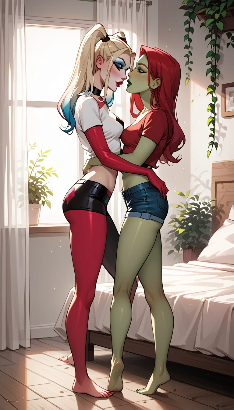 score_9, score_8_up, score_7_up, shaded BREAK 1futanari and 1girl, futanari Bonnie having sex with Shego, red hair, shiny black eyes, white skin, thick black slave collar around neck, long hair, black hair, red eyes, white skin, long hair, v-shaped eyebrows, smug, looking at viewer, topless, bottomless, fully naked, fully nude, girl bouncing on futanari's lap, squirting liquid, penetration from behind, huge penis penetrating vagina from behind, sex scene, vagina spread by huge penis from behind girl, vagina leaking liquid, blushing, screaming from ecstasy, tongue out, eyes looking up in climax, hand squeezing breast, fingers squeezing breast, fingers teasing nipple, pulling nipple, bodies touching, large breasts, huge breasts, round full breasts, super thin waist, heart shaped hips, kissing, Bonnie's penis penetrating Shego's vagina, Shego straddling Bonnie while being penetrated, sexual intercourse, sensual scene, outdoors, sunset, balcony