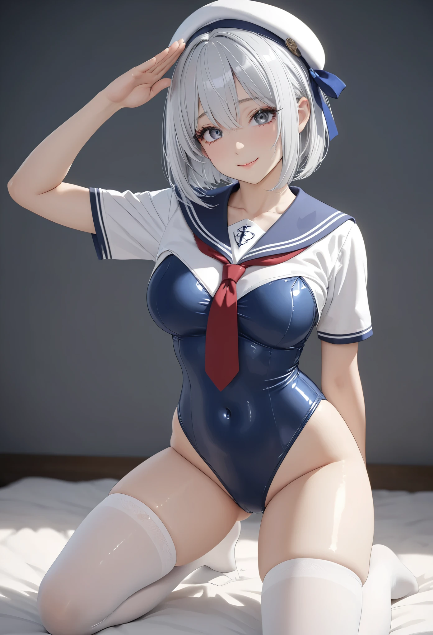 (masterpiece, perfect quality, ambient lights, hard-edged, cute, full body detailed, 4K, high details), perfect lighting, perfect anatomy, soft light, BREAK ((shiny silver hair)), bob cut, bang between eyes, beautiful hair), (glossy silver eyes:1.5), (beautiful eyes, twinkle eyes, large eyes), BREAK (athlete body, busty), cute face, beautiful face, pretty face, beautiful, best quality, good anatomy, long eyelashes, expressive eyes, Perfect Hands, the girl has five fingers on each hand, BREAK 1girl, (white and blue theme:1.1), (wear white school uniform top over school swimsuit:1.3), (white shirt:1.4), (sailor collar:1.4), (red tie:1.4), (white beret with blue ribbon:1.3), (shut shirt front), (white shirt covers the bosom of the swimsuit:1.2), (short sleeves:1.2), (parted clothes at the top and bottom:1.2), (blue one-piece swimsuit:1), (white thighhighs:1.2), BREAK seductive eyes, smile, standing, (military salute:1.2), one hand up, Yellow polka dots regularly arranged on light blue background