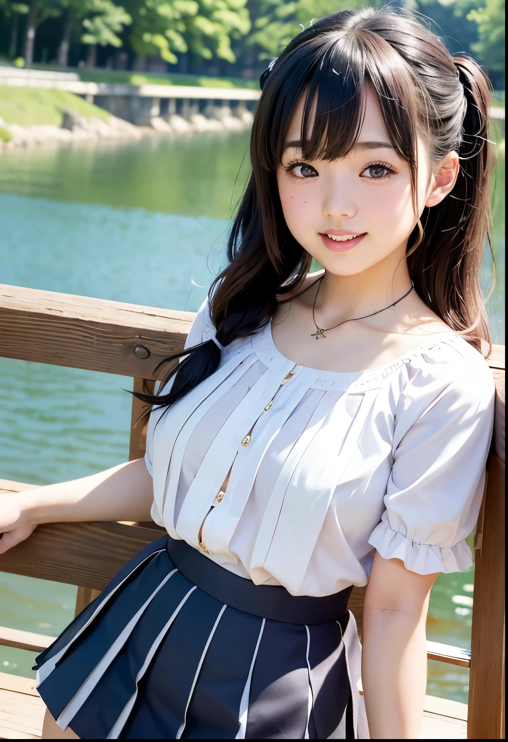 (Highest quality,masterpiece:1.3,Ultra-high resolution),(Very detailed、Caustics) (Realistic:1.4, RAW shooting、)Ultra-Realistic Capture、Very detailed、Natural skin texture、masterpiece、(A Japanese elementary school girl wearing a blouse and pleated skirt:1.3)、Adorable expression、Expressions of happiness、10 years old、height: 140cm、Baby Face、Pure girl、Amazingly cute、Twin tail hairstyle、Curly Hair、ribbon、Black Hair、Large Breasts、Shining thighs、Shining ass、necklace、Shade by the lake、Background details、smile、An inviting gaze、(Anatomically correct)、Cowboy Shot、Attention to detail、Lift the breast with both hands、