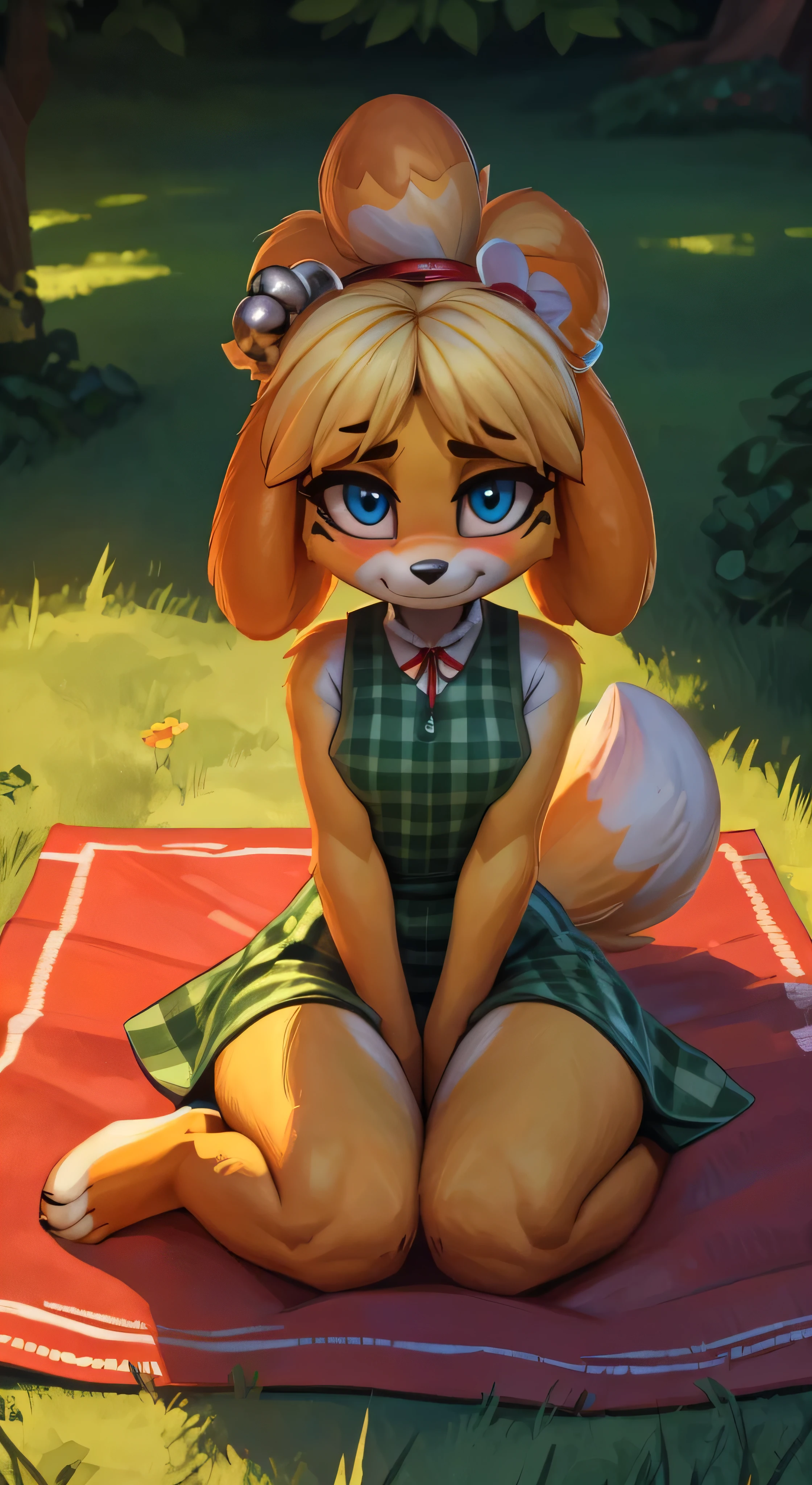 [isaCrossing], [Isabelle], [Animal Crossing], [Uploaded to e621.net; (Pixelsketcher), (wamudraws)], ((masterpiece)), ((HD)), ((high res)), ((solo portrait)), ((full body)), ((front view)), ((feet visible)), ((furry; anthro)), ((detailed fur)), ((detailed shading)), ((beautiful render art)), {anthro; (slim figure), yellow fur, black nose, (cute blue eyes), (blonde hair), (bells in hair), topknot, fluffy tail, (curvy hips), (beautiful legs), (beautiful feet), (blushing), (cute smirk)}, (nervous expression)}, {(red ribbon in hair), (short green plaid dress), (orange panties visible)}, {(sitting on picnic blanket), (nervous demeanor), (arms behind back), looking at viewer)}, [background; (park), (grass plains), (blue sky), (sun rays), (ambient lighting)]