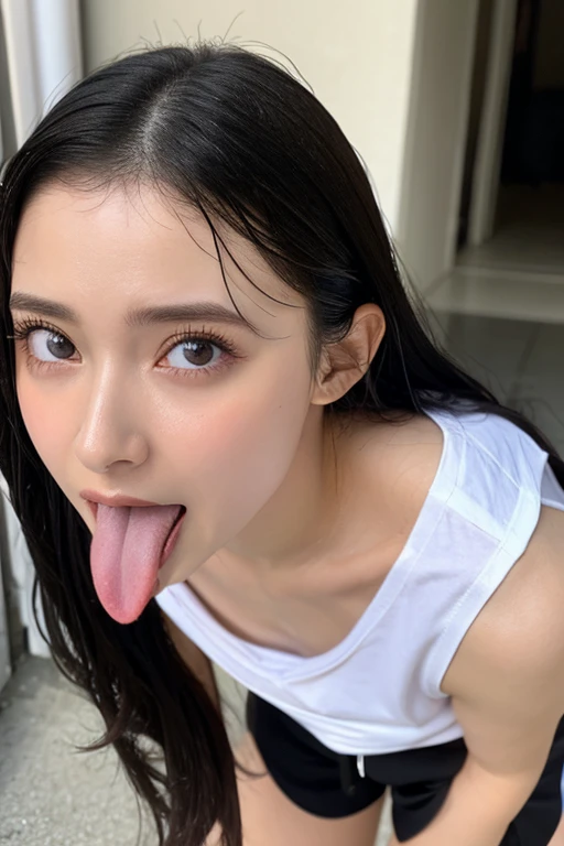 1girl,Tabletop,,Awards - Winning Photos, Very detailed, Face close-up、Keep your eyes focused, Nose and mouth,Face Focus, Woman with open mouth and closed eyes, Face Focusの接写、Age: 18 ,Black-haired、Symmetrical face,Realistic nostrils、Angle from below、Elongated C-shaped nostrils、Sweaty skin、Sweaty, shiny skinを強調する照明、(((Loose fitting T-shirt, Shorts),))Sweaty, shiny skin、Shiny skin、Big Eyes、double eyelid、(My tongue is wet and shiny) ((Wet tongue)) ((Berokisu))Disneyland,Taylor Hill,Hyperrealistic,Real Skin、Nogizaka Members,Detailed and realistic eyelashes and double eyelids,