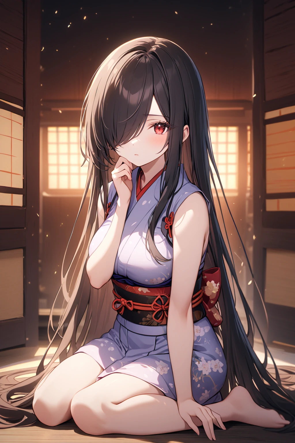 Eye Level Shot, 1girl, Solo, Looking at viewer, Shy, Cute, Red Eyes, Empty Eyes, Expressionless Eyes, Black Hair, Very Long Hair, Straight Hair, ((Hair Over One Eye, Swept Bangs:1.5)), Petite, good_hands, Large breasts, Pale Skinned, Slender, Curvy, ninja, sleeveless, obi, japanese clothes, (Wariza:1.5), Japanese Background, Cinematic Lighting, Masterpiece, 4K, Best Quality, High Resolution, Accurate, Award Winning, (SuperQuality:1.0) ~ (SuperQuality:1.2)