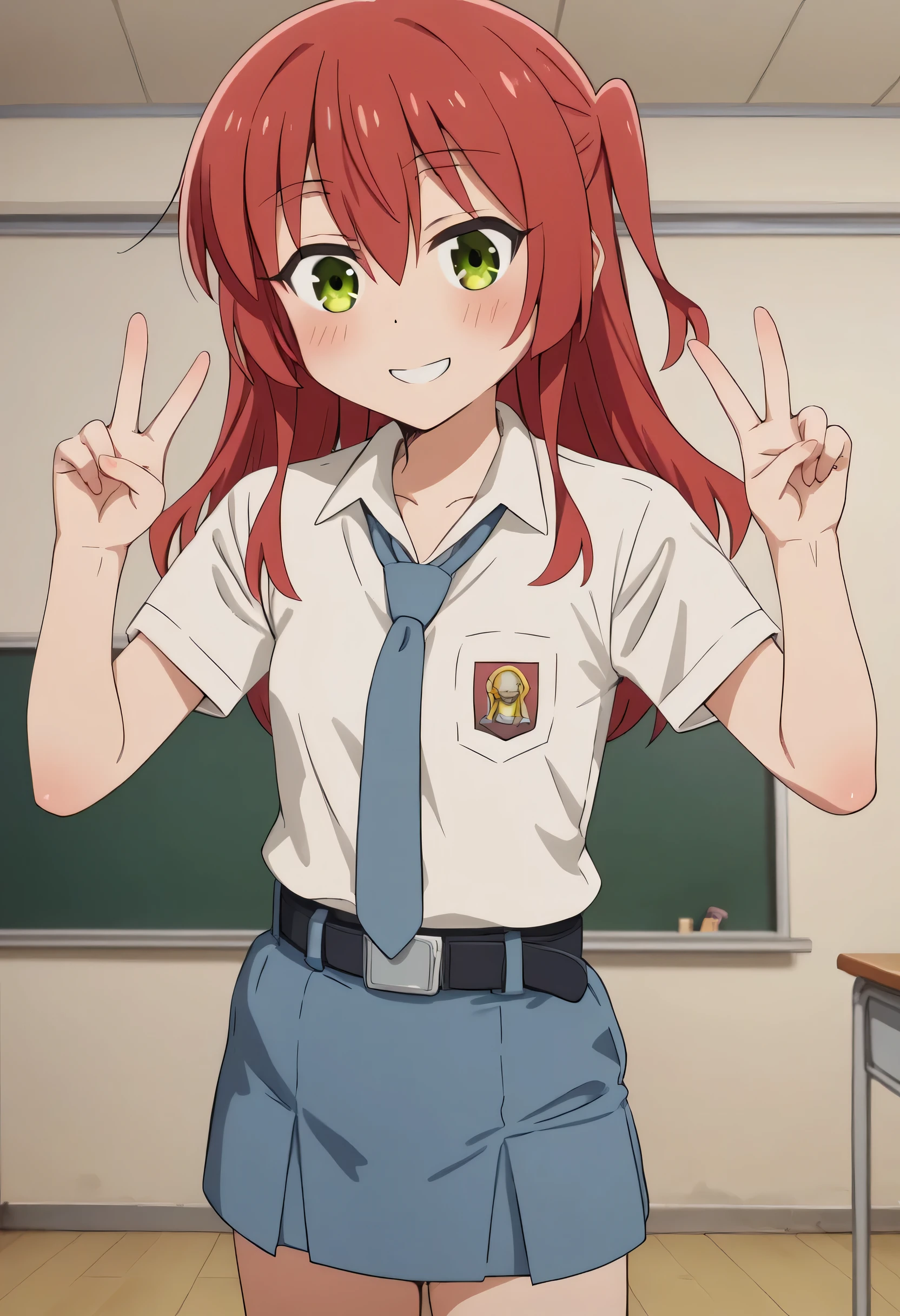 score_9, score_8_up, score_7_up, source_anime, BREAK, ikuyo kita, green eyes, hair between eyes, long hair, one side up, red hair, clavicle, cleavage, small breasts, tucked in sma shirt, sma necktie, sma belt, sma skirt, mini skirt, 
thighs, smile, blush, half body, stand, indoors, classroom, v, peace sign, from the front, looking at viewers, (Beautiful, small breasts:1.2), natural breasts,