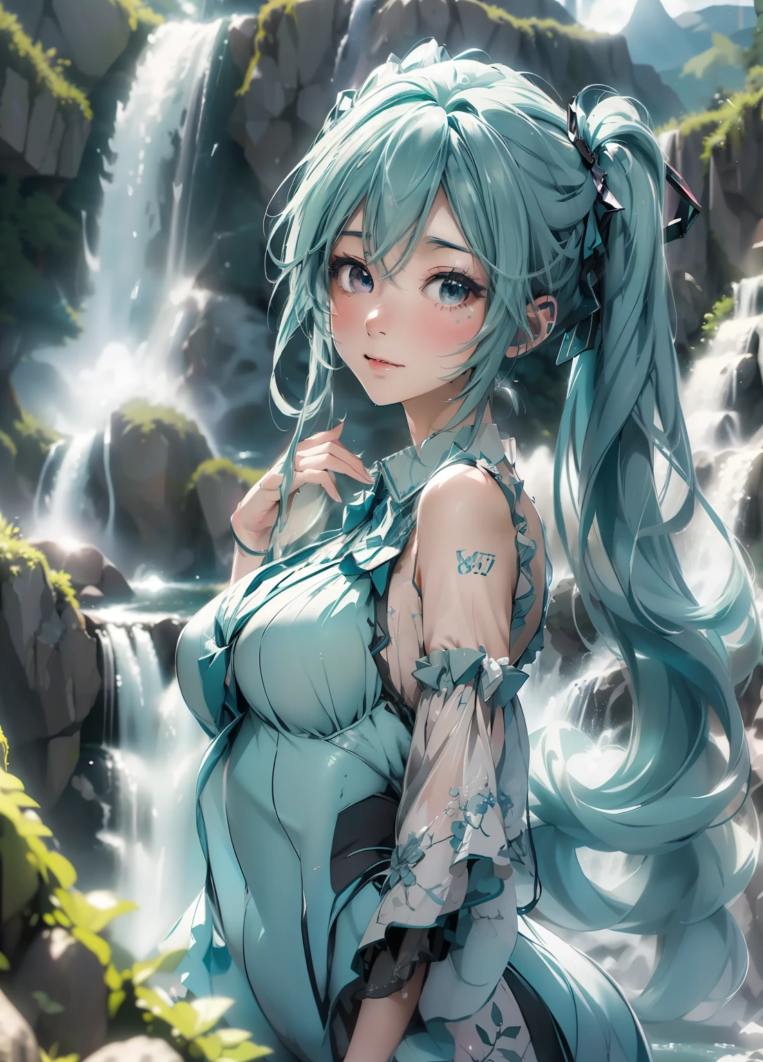 (masterpiece、Best Quality、Best Quality、Official Art、Beautiful and beautiful:1.2)、(One person:1.3)Hatsune Miku、Twin tails,Beautiful breasts,A turbulent waterfall in a tranquil and beautiful landscape, Ray Tracing, detaileded reflections, Complexity, high detailed, Drama, Best Qualityのmasterpiece, Photorealistic realism, detailed, 8k, High resolution, Backlight, halo, flash, Chromatic Aberration, Sharp focus