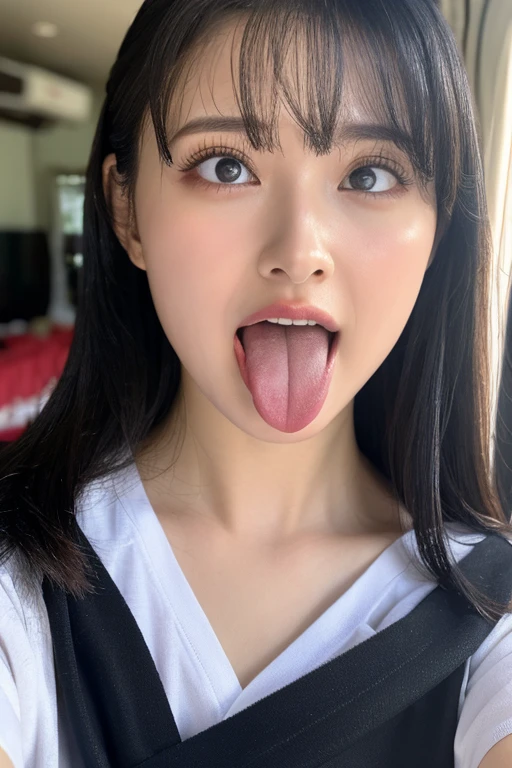 woman, beautiful girl, 、 , Realistic skin of the highest quality, Eyes are focused, 20-year-old, Sticking out tongue, Focus on the mouth, Open your mouth, Long Tongue, saliva, Open your mouth , You can see inside the mouth, Open your mouth  舌を突き出す, Realistic tongue、Provocative eyes、Looking up、Tempting、