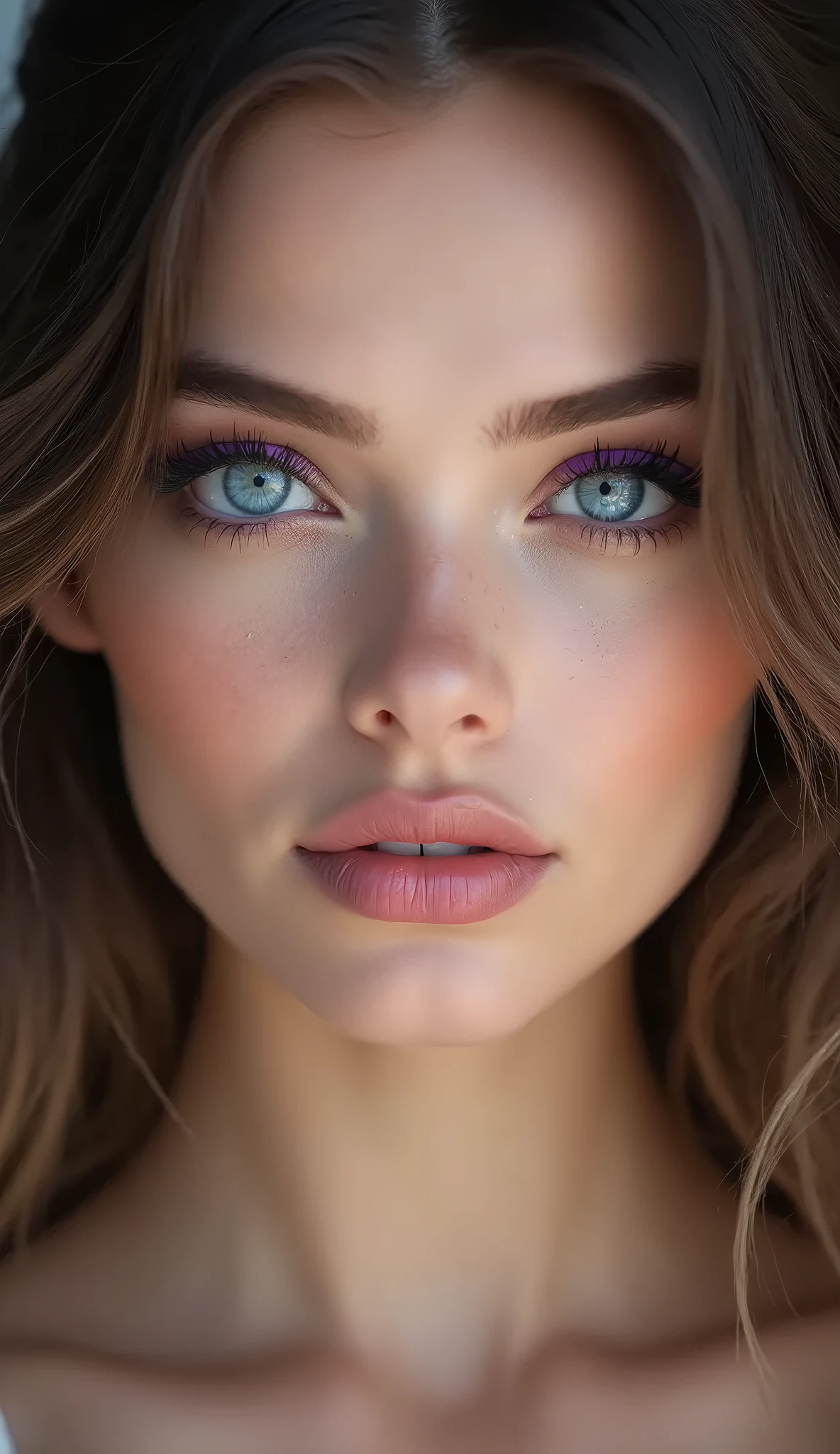 photorealistic Realism, Hyper-quality, 16K, UHD:1.3, (Ultra high-res, Realistic eyes, sharp-focus, ultra clear sharp, not blurry), (eyes|cristal blue), (lashes|black), (perfect eyeshadows|purple), ((finaly detailed round pupils)), (realistic texture details: velvety skin, hair), professional photography, (glamour shot of 1woman:1.4, 20-year-old), detailed symetrical lips:1.3, ((pink_lipstick:1.3)), beautiful cheekbones,