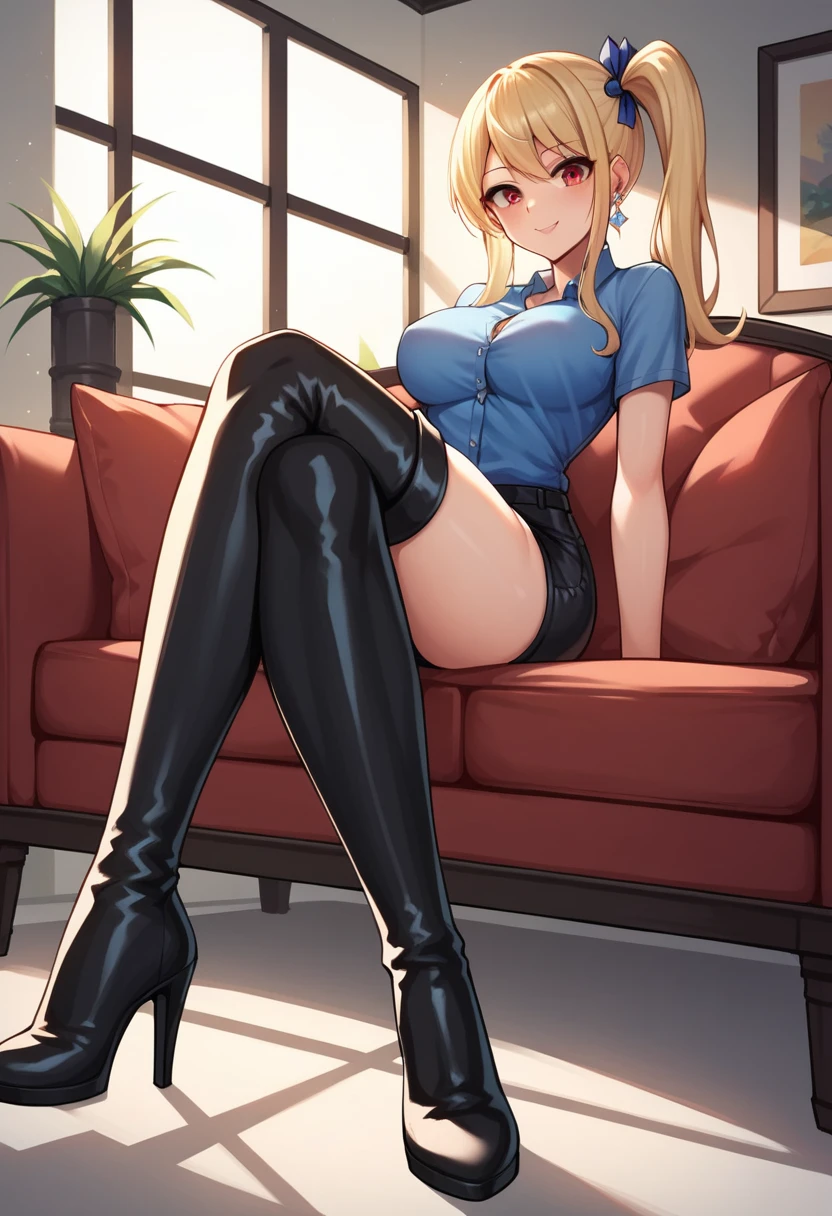 score_9, score_8_up, score_7_up, score_6_up, score_5_up, score_4_up, source_anime, 1girl,lucy heartfilia, blonde hair, long hair, side ponytail, blue ribbon, brown eyes, middle breasts, earrings, thigh boots, black boots, long heels, blue shirt, black shorts, crossed legs, sit, sofa, room, best quality, best res, 4K UHD,
 