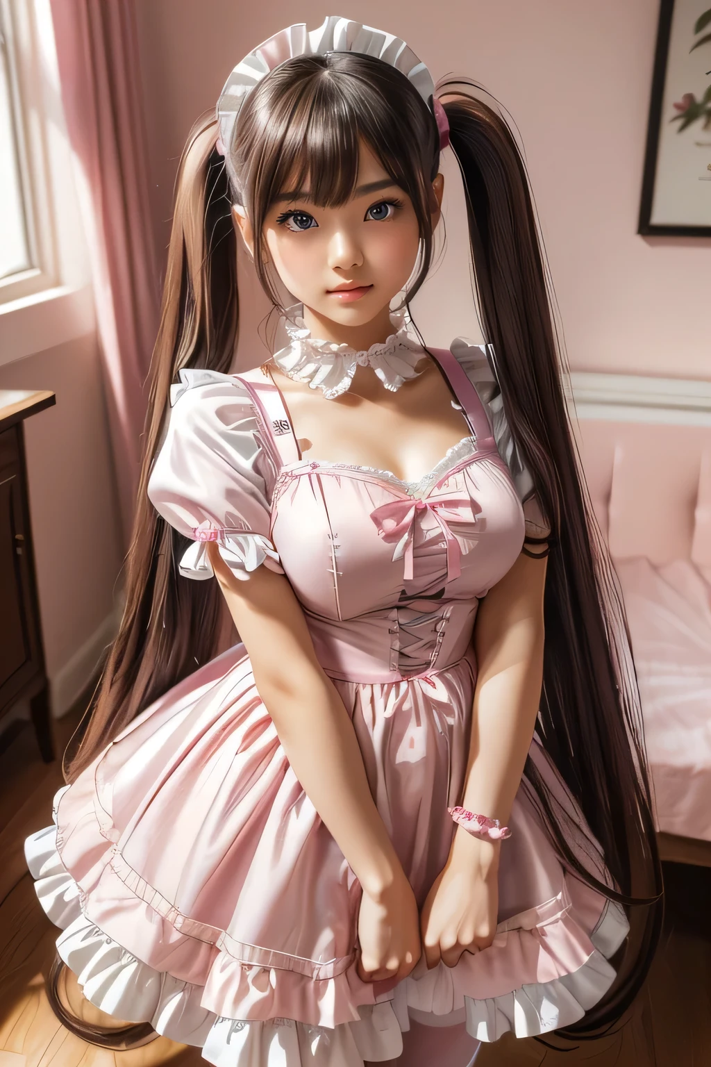 (Her hair color is pink:1.5)　(Random Maid standing upper body shot:1.5)　(Pink floor、Pink table、pink chair、Pink Wall、Pink counter、A cafe that uses a lot of pink..:1.3)　((woman in a pink and white dress and a pink hat, Maid outfit, Maid dress, Catboy Cosplay! Maid! dress, anime girl in a Maid costume, Maid costume, anime cat girl in a Maid costume, pink lolita dress,Maid, wearing Maid uniform, Lolita Style, High Quality Costume,Sexy female cosplay, Pink shoes for maids))　(Her bangs are the perfect full bangs:1.2)　　((highest quality)), ((masterpiece)), (Familiar), (Get used to it)　(Reaches up to the kneeVery long hair　highest quality　Highest detail　Reaches up to the knee、Very long hair that lasts forever:1.3　Flowing Hair　Very shiny and thick hair　long hair up to the knees:1.2　long hair up to the knees:1.2　Thick and shiny hair　Very free hair　Abnormally long hair!!!!!　Beautiful silky hair　Beautiful and shiny hair　Beautiful and shiny hair　Beautiful silky hair　Hair that grows to the knees　Very very, Very long hair!!!!!　Very very, Very long hair!!!!!)　(highest quality　The best ultra-fine　Reaches up to the knee、Very long hair that lasts forever　Very shiny and thick hair　long hair up to the knees:1.2　long hair up to the knees:1.2　Thick and shiny hair　Very free hair　Abnormally long hair!!!!!　Beautiful silky hair　Super long hair down to the knees　Beautiful and shiny hair　Beautiful and shiny hair　Beautiful silky hair　Hair that grows to the knees　Very very, Very long hair!!!!!　Very very, Very long hair!!!!!　Her hairstyle is very curly and in twin tails.:1.5)　(She is the cutest  maid cafe attendant in Japan.)　Perfect Face　(She has a typical Japanese build and skin color..., Her skin is very high quality and ultra high definition.、very beautiful and glowing skin)　(Excessive breasts:1.2)（She has a professional makeup artist.、It gives a very childlike appearance.　The lipstick is red　The eyeliner is a beautiful black)　(Surreal photos by professional photographers :1.2)　