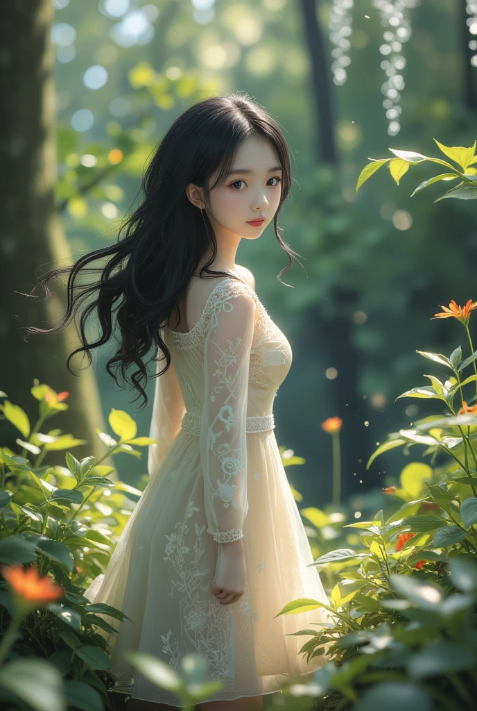 1 girl, solo, Long hair, Black Hair, Long sleeve, skirt, Keep, permanent, Shortsighted, flower, Artist Name, symbol, From the side, Tree, contour, animal, Watermark, curls, flower卉印flower, cat, plant, , nature, Network skirt, forest, curls, Green Dress, Wisteria，Shining silver light，Innocence，Like a storybook，对nature的温柔描绘，wear，so beautiful, Copy Amanda Clark&#39;s style, Yevgeny Godiets