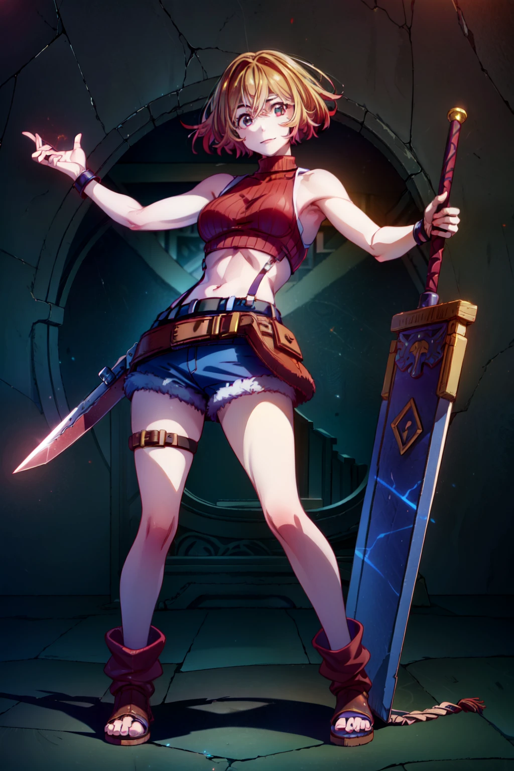 (masterpiece, best quality:1.2), red glowing eyes, red eyes, the eyes are red, perfect face, , strong make up, highres, 1 girl, solo, make up, (female:1.5), strife, multcolored hair, shoulder armor, sleeveless turtleneck, suspenders, belt, gloves, bracer, evil smile, standing, portrait, looking at viewer, giant sword on the back, long leather boots, fullbody shot