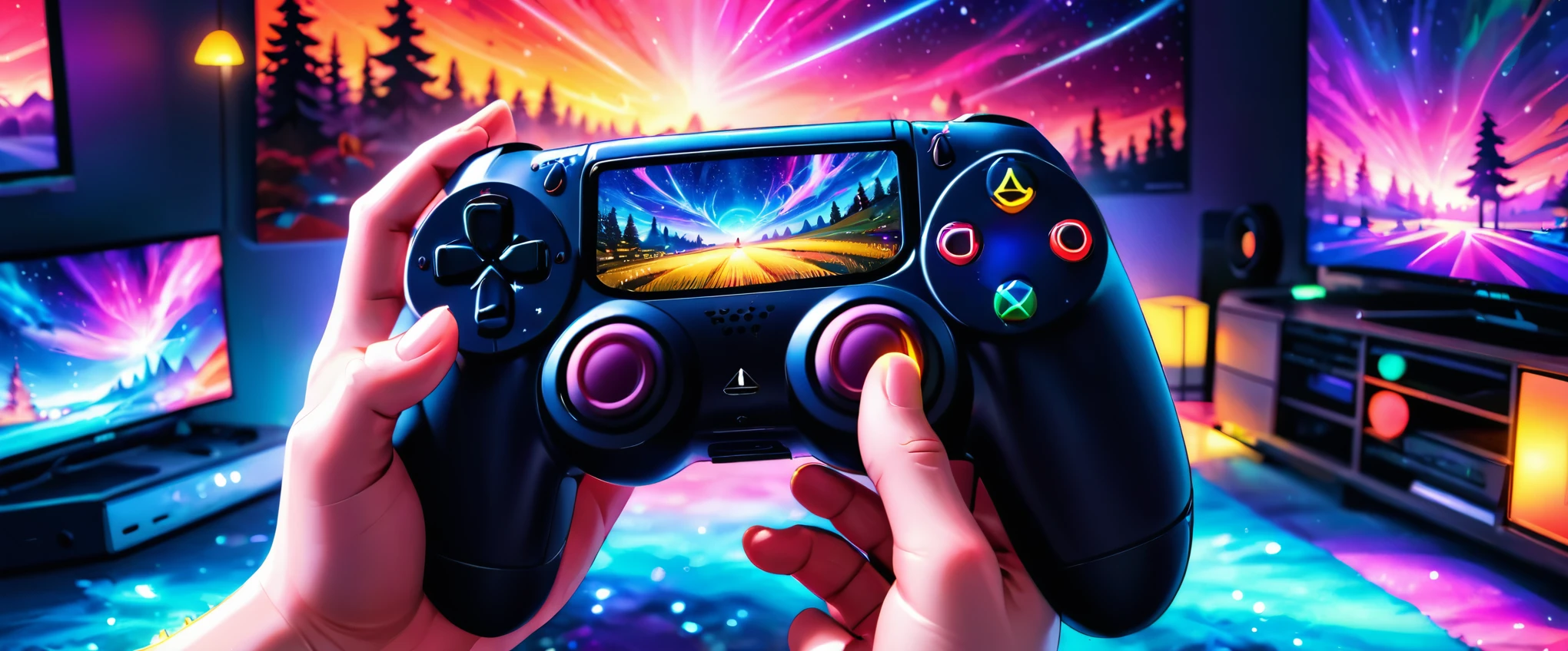 gamer material, gamer controler, gamer setup, gaming theme, gaming setup, Playstation, PS5, (Ethereal, fluorescent colors, neon lights), aurora_borealis, (masterpiece), best quality, highres, 4k, 8k, cinematic lighting, amazing quality, amazing shading, soft lighting, light particles floating, feerie aura, chromatic aberration, colorful starry night time, intricate detail, extremely detailed, Illustration, official artwork, anime style, wallpaper, official art, analog style, a realistic photo, film grain, (photorealistic:0.6), taken by a canon eos r5, chromatic aberration, colorful, bright colors