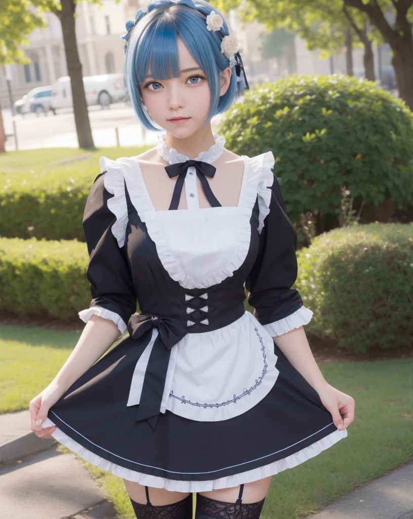 (Close-up:1.4)、(RAW shooting:1.2)、(photorealistic:1.4)、(masterpiece:1.3)、(highest quality:1.4)、solo、7 head and body、(slender and beautiful girl)、cute、(beautiful detailed eyes)、(charming big eyes)、(beautiful double eyelids)、(beautiful and detailed face)、(sad face:1.2)、(Medium chest:1.2)、(cleavage)、(erect nipples:1.2)、(full body shot)、8K、(muste piece:1.2)、(pale blue hair、short bob:1.3)、(Bangs Patsun)、(headdress、white blouse、black ribbon、ruffle skirt、puff sleeves、collar、choker、white apron with fine frills：1.3)、White Knee High Socks、black maid costume、(Sexy model pose with chest sticking out:1.3)、cowboy shot、view audience、(small butt)、(beautiful hands)、(beautiful thighs)、cute系、(perfect anatomy:1.2)、ancient city