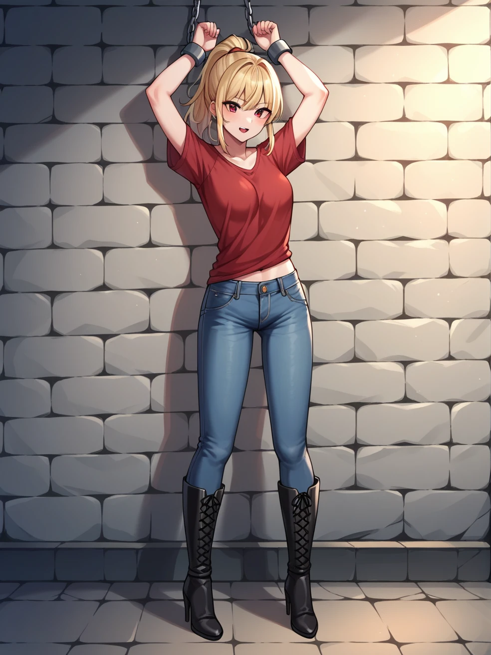 score_9, score_8_up, score_7_up, score_6_up, score_5_up, score_4_up, source_anime, 1girl, 16 years, teenager, worth, blonde hair, ponytail, red eyes, w-w-chain, shackles, raised arms, loose hair, red shirt, jeans shorts, black thigh boots, heels ,evening, dungeon, best quality, best res, 4K UHD,
 