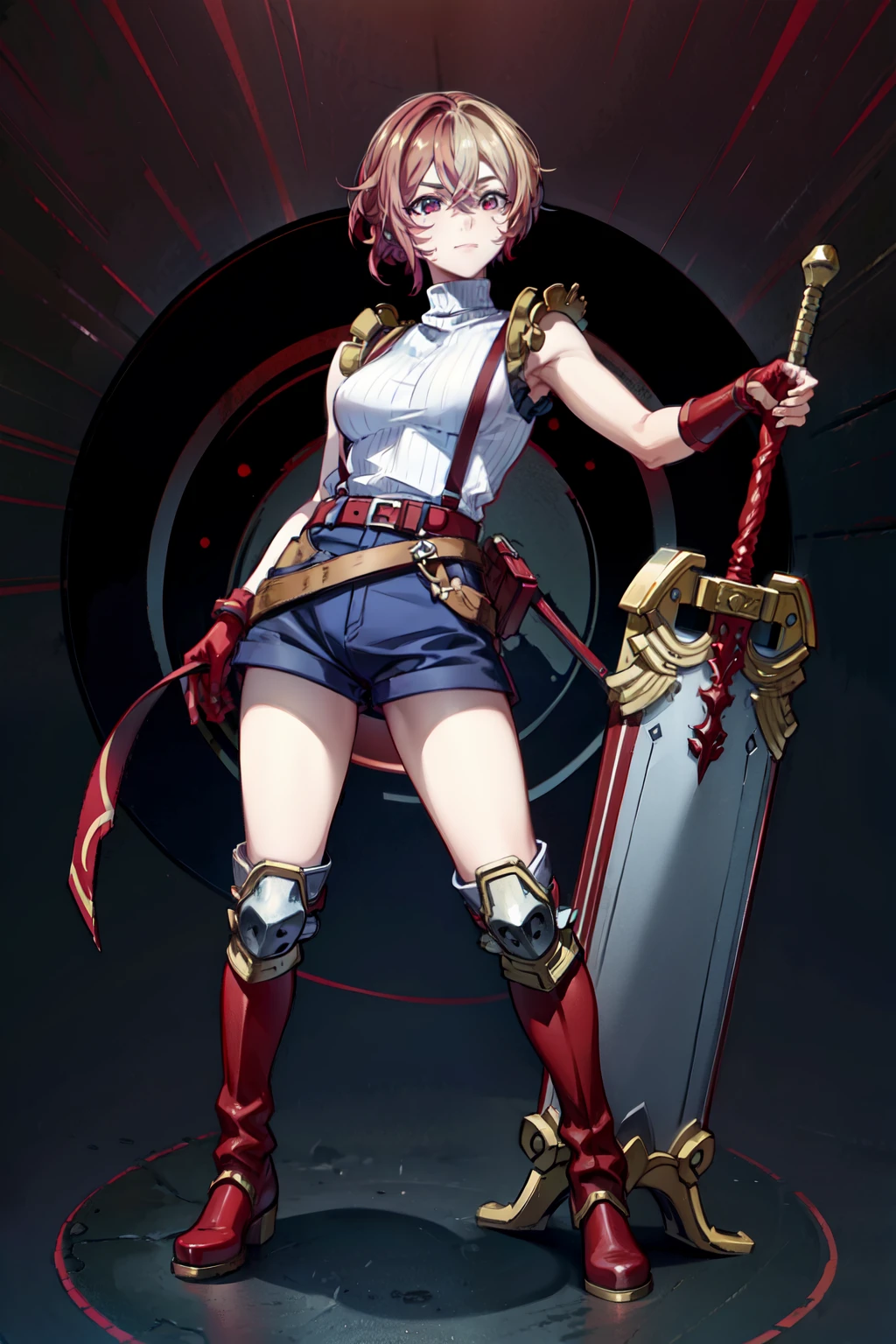 (masterpiece, best quality:1.2), red glowing eyes, red eyes, the eyes are red, perfect face, , strong make up, highres, 1 girl, solo, make up, (female:1.5), strife, multcolored hair, shoulder armor, sleeveless turtleneck, suspenders, belt, gloves, bracer, evil smile, standing, portrait, looking at viewer, giant sword on the back, long leather boots, fullbody shot