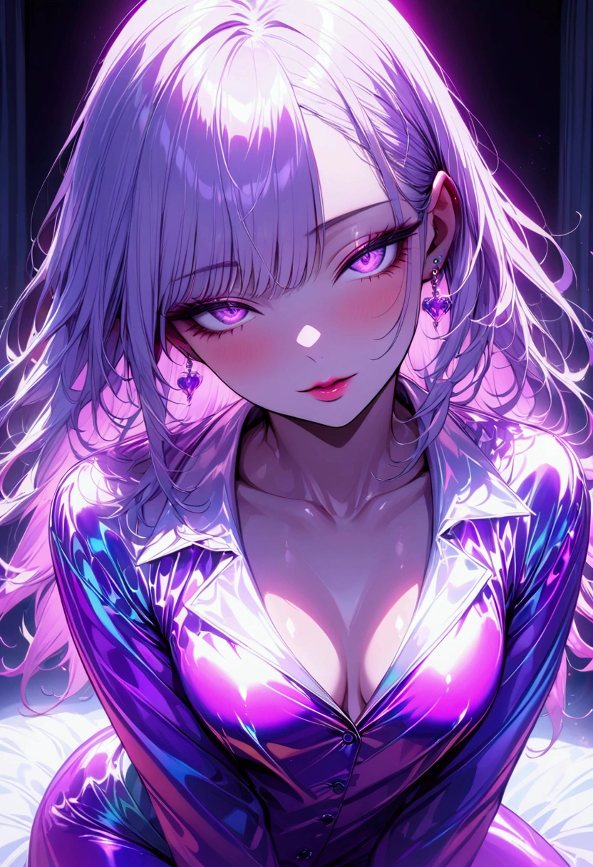 Young beautiful woman,(Best Quality,Extremely detailed depiction,Incredibly absurd high definition,Anatomically accurate,Detailed pupil,Shiny skin),(Brightly colored satin pajamas,),eyelash,(Purple Eyes,Half-closed eyes:1.5,A seductive smile,Glossy lips,Flashy makeup,Backwards pose,Mouth open),whole body:1.3,Bedroom at night,Dramatic lighting,Volumetric lighting,