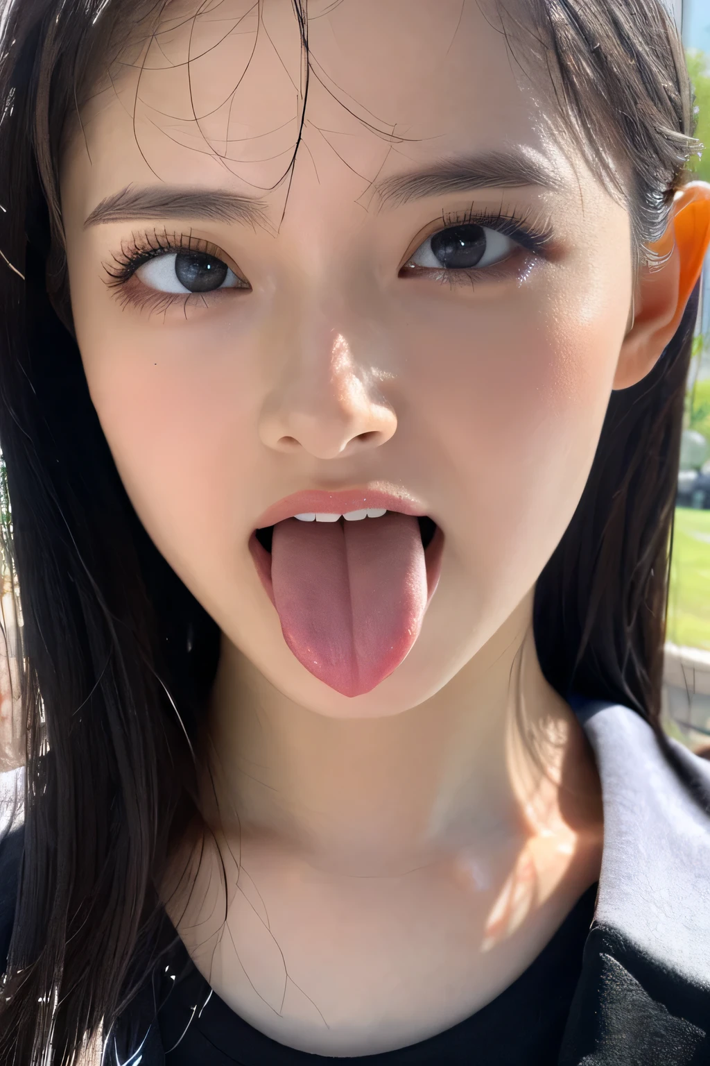 1girl,Tabletop,,Awards - Winning Photos, Very detailed, Face close-up、Keep your eyes focused, Nose and mouth,Face Focus, Woman with open mouth and closed eyes, Face Focus Close-up、age: 18 ,Black-haired、Symmetrical face,Realistic nostrils、Angle from below、Elongated C-shaped nostrils、Sweaty skin、Sweaty, Lighting that highlights shiny skin、(((Loose fitting T-shirt, Shorts),))Sweaty, shiny skin、Shiny skin、Big Eyes、double eyelid、(My tongue is wet and shiny) ((Wet tongue)) ((Berokisu))Disneyland,Taylor Hill,Hyperrealistic,Real Skin、Nogizaka Members,Detailed and realistic eyelashes and double eyelids,