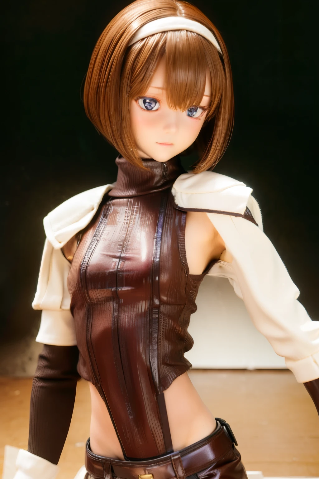 (masterpiece, 8k,Very detailed),One Girl, short hair, Headband, navel, Sleeveless, turtleneck, Brown eyes, Sleevelessのturtleneck, chest, gloves, Crop top, Brown Hair , Shorts, abdomen, armor, sweater, Open Fly, Fingerless gloves, ribbed sweater, medium chest, Hmm_Kisaragi_01 Girl,Mare,soaked,Dynamic Angle