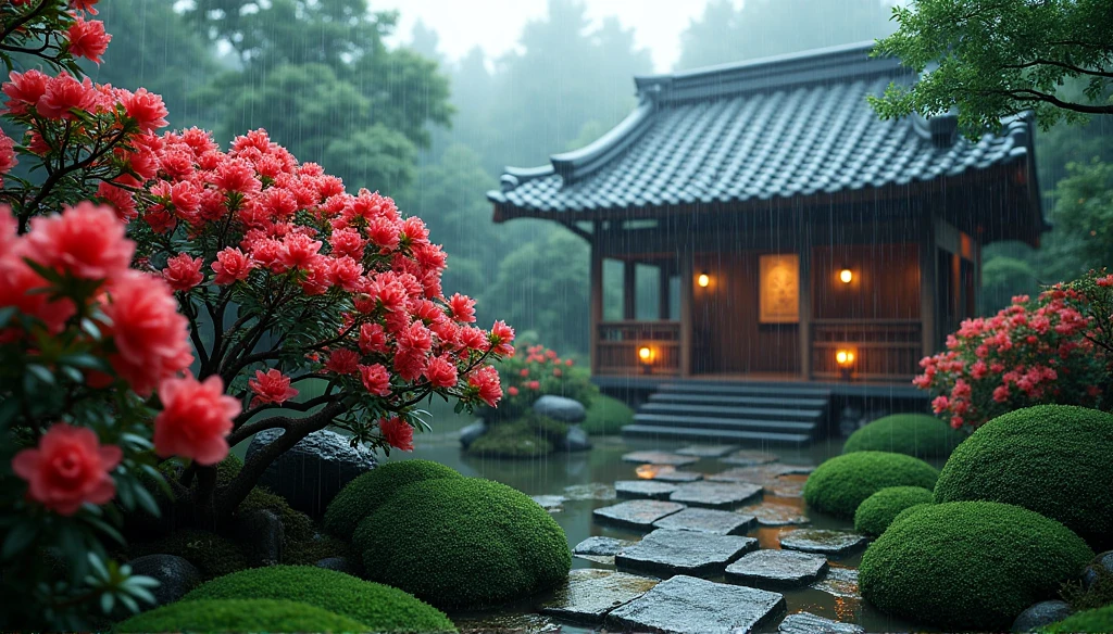 There is a small house with a garden and a pond - SeaArt AI