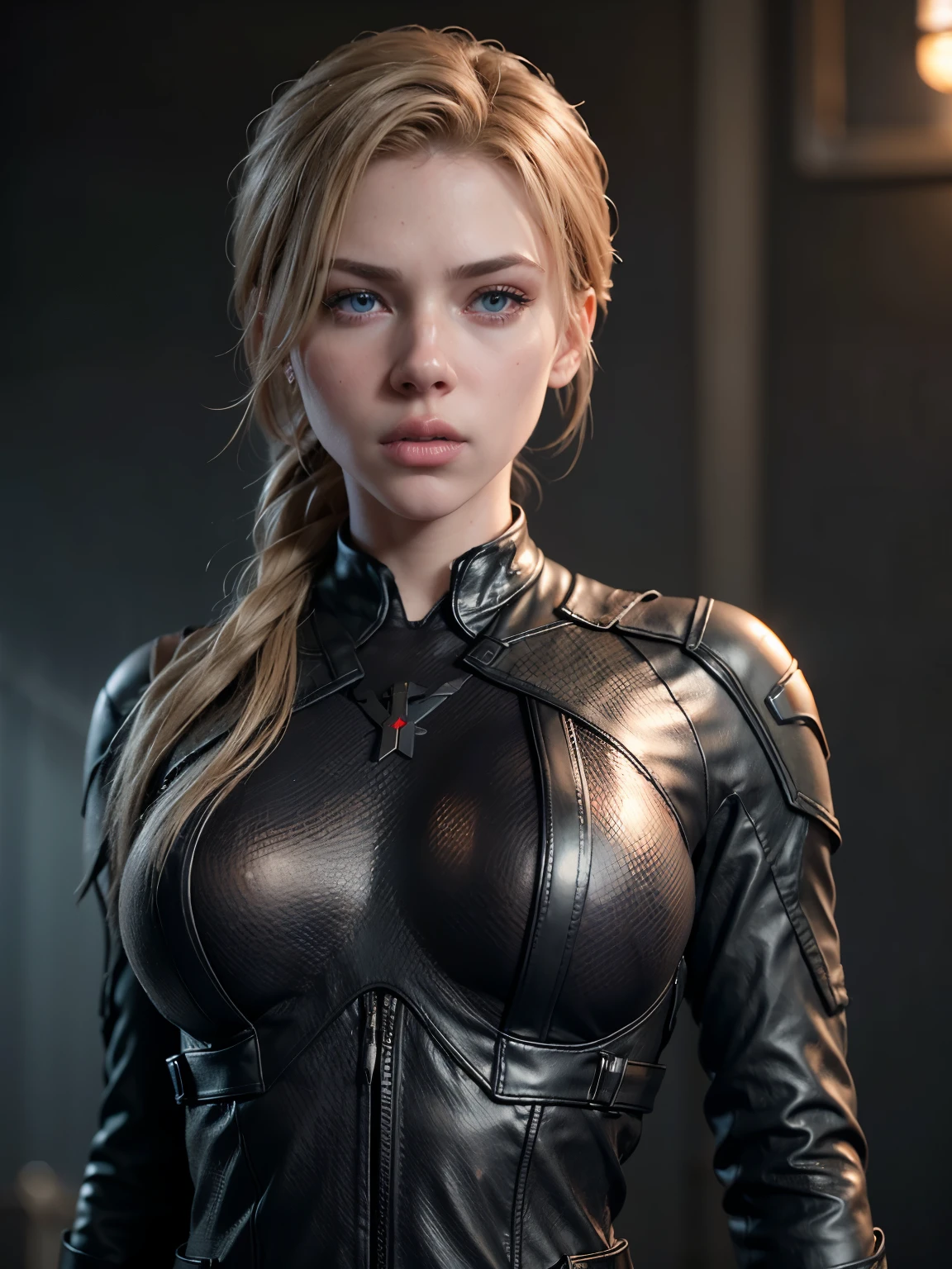High quality, 8k, wallpaper, a very beautiful 25 years old girl, goddess of beauty, front view, fit, fitness, muscular thighs, narrow waist, normal hips, huge and perfect chest, light blue eyes, very long blonde hair with dreadlocks, mix between terminator and Predator, leather jacket with studs and open zipper, showing a tight dark bodysuit that enhances her spectacular breasts. Dark worn leather pants, belt with metal buckle. Combat gloves, she holds a pistol, combat stance, cold and defiant look at the viewer, she is located in an abandoned industrial area, dark scene, flashes of bluish light that make her imposing figure of a dark heroine.