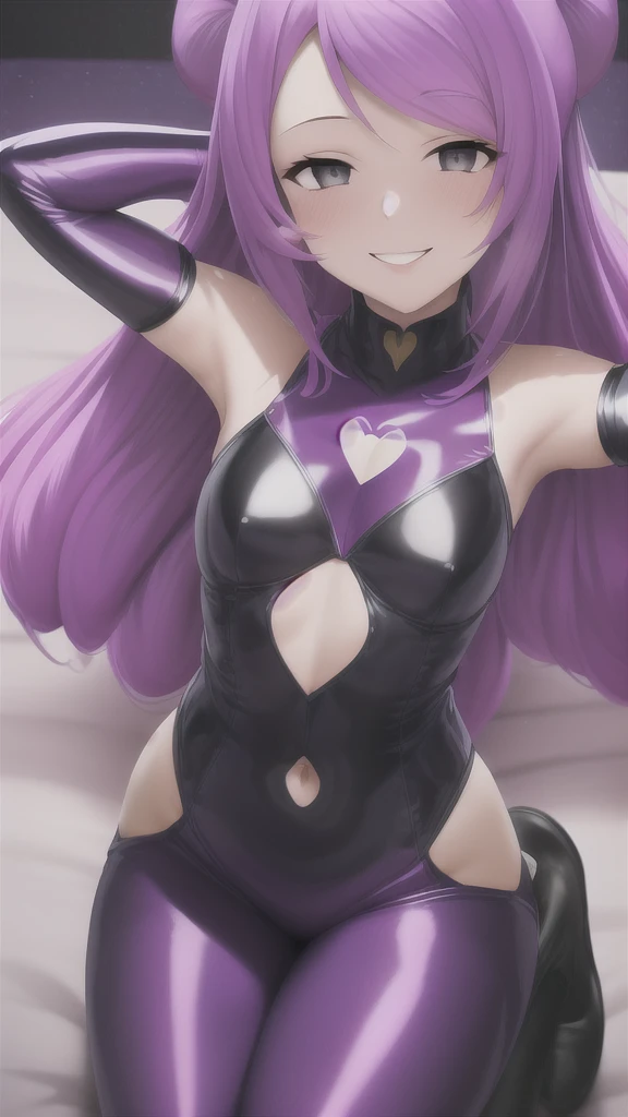  Erotic、Pokémon　Mimosa、Purple Hair, Alone, Purple latex rubber suit turtleneck purple evil background、 Best Quality, Detailed face, detailed eyes, High resolution,、Evil female executive、smile、Sexy pose、Fallen into evil、Fall into Darkness、Dark Side、lure、Estrus