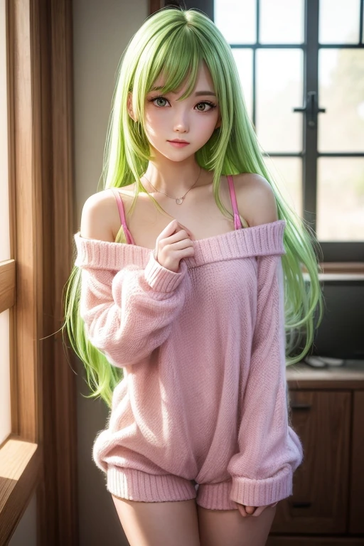 Masterpiece, Best quality at best, 1girl, Sakura Haruno, Large breasts, Oversized pink sweater, (cleavage), (front standing closeup), Raised sexy, is shy, with long pink hair down, (green eyes:1.3), Forehead protection, (Standing next to a soft bed), bare legs, film movie still, 1 girl in, innocent smile, (A detailed face), (Detailed skin), intricate details, Shallow depth of field, [volume fog], 电影灯光, Reflectors, a Canon EOS R5, 50mm lens, f/2.8, NffSW, shot at 8k resolution, (high quality, best rendering), Ultra detailed, 1girl, 25 years, Large breasts, Blush, front view, alluring angle, Masterpiece, pink oversized sweater, long pink hair (large breasts:1.4), (full body shot), (looking at camera), (standing casually)