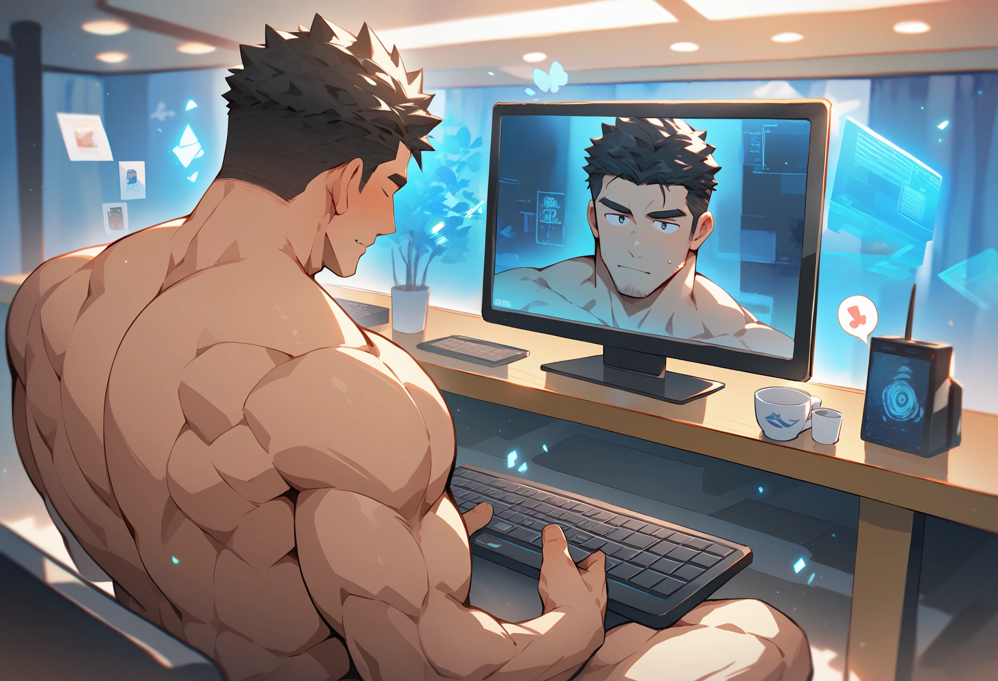 geek, manly, thick eyebrow, glasses, (Look down:1.1), stubble, closed mouth