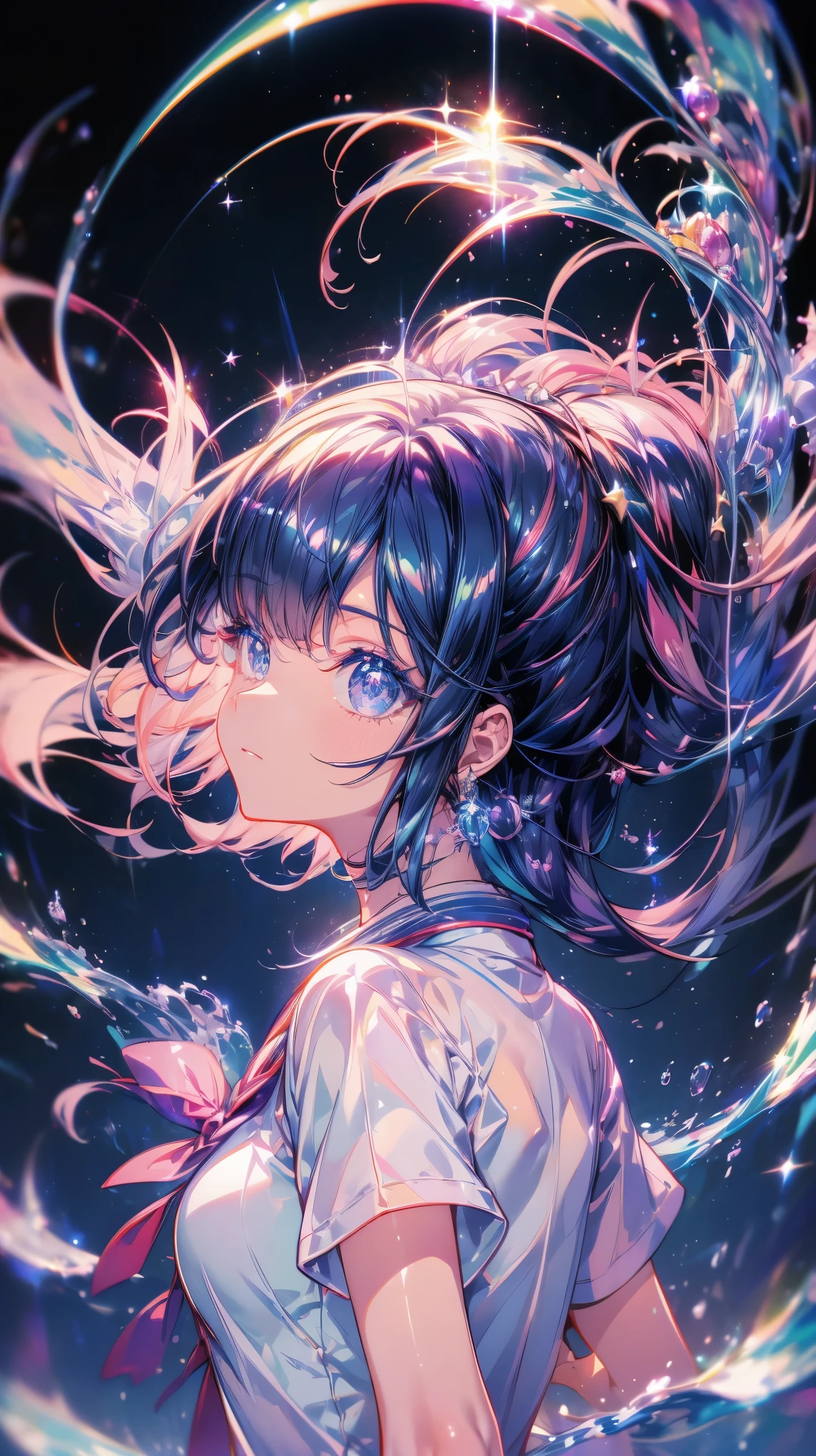 finely detailed illustration, best quality, masterpiece, vibrant color,High resolution、８ｋ、Pitch blackの静寂を演出、Wallpaper Art、Very detailed_face_eye、sharp focus on eyes, 非常に繊細なfaceと肌の質感、Woman looking around、pretty girl、14 years old、camisole、denim hot skirt、Jellyfish floating in the air、Blue glowing jellyfish、Fluorescent jellyfish、Mystical Expressions、Synaptic vesicles、Neuron、Pitch black、The only light source is a jellyfish、