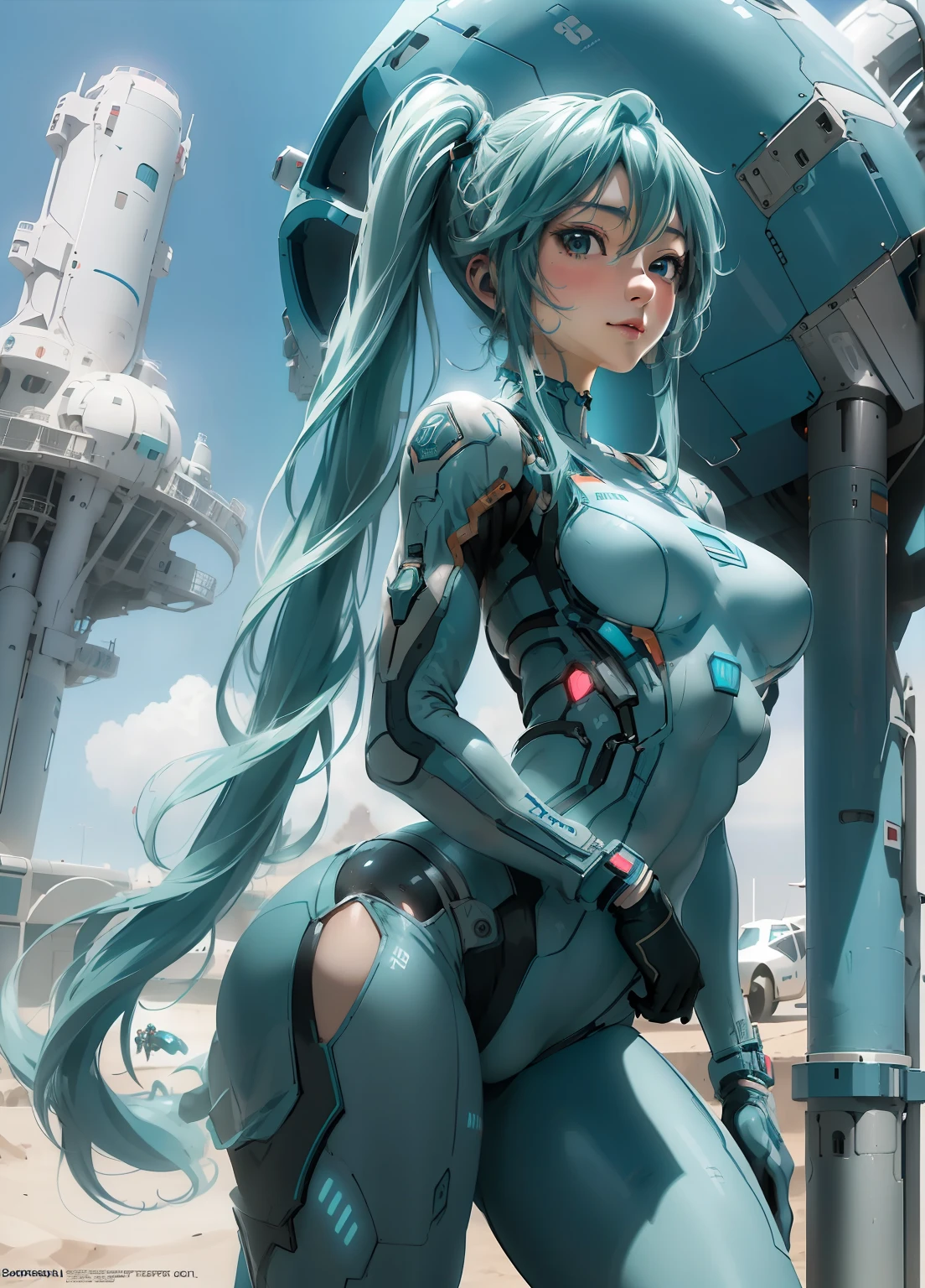 (masterpiece、Best Quality、Best Quality、Official Art、Beautiful and beautiful:1.2)、(One person:1.3)Hatsune Miku、Twin tails,Beautiful breasts,Arabic style image of a woman in a futuristic suit with a spaceship in the background, Cinema art, In front of an orange background, Inspired by Robert McGinnis, Female protagonist, Megastructure in the background, AIAstronautの肖像, Astronaut, Astronaut, Astronautスケルトンの肖像画, Perfect Android Girl, Frank Franzetta and Sakim Chan
