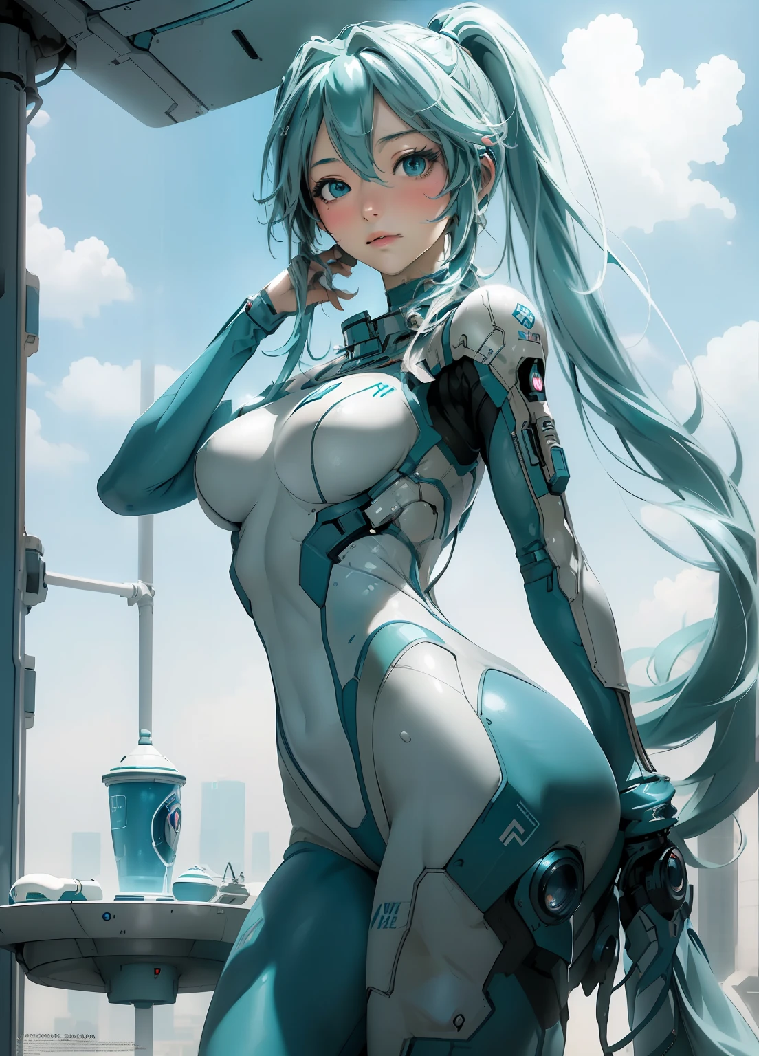 (masterpiece、Best Quality、Best Quality、Official Art、Beautiful and beautiful:1.2)、(One person:1.3)Hatsune Miku、Twin tails,Beautiful breasts,Arabic style image of a woman in a futuristic suit with a spaceship in the background, Cinema art, In front of an orange background, Inspired by Robert McGinnis, Female protagonist, Megastructure in the background, AIAstronautの肖像, Astronaut, Astronaut, Astronautスケルトンの肖像画, Perfect Android Girl, Frank Franzetta and Sakim Chan  