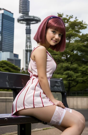 (((Girl ))) ,sexy girl dress and lace stockings,stephanie | Crazy City,pinkies Hair,((Liftrock)), sitting on a park bench, Tokyo, (stockings),  High Resolution, thin body, fit