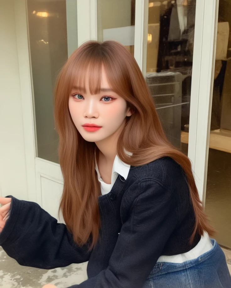 chaewon1 1girl, solo, (realistic), (hyperrealism), (best quality), (masterpiece), (ultra high res), (ultradetailed), (photorealistic), (upper body:1.2), bangs, looking at the viewer, black jacket, at the studio, light eye makeup, detailed eyes, detailed face, 