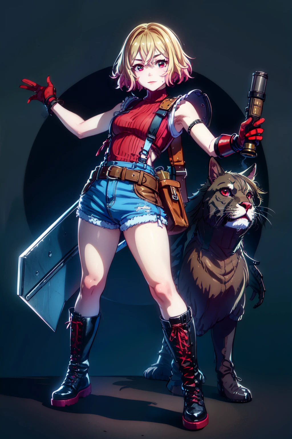 (masterpiece, best quality:1.2), red glowing eyes, red eyes, the eyes are red, perfect face,Mami nanami , strong make up, highres, 1 girl, solo, make up, (female:1.5), strife, multcolored hair, shoulder armor, sleeveless turtleneck, suspenders, belt, gloves, bracer, evil smile, standing, portrait, looking at viewer, giant sword on the back, long leather boots, fullbody shot