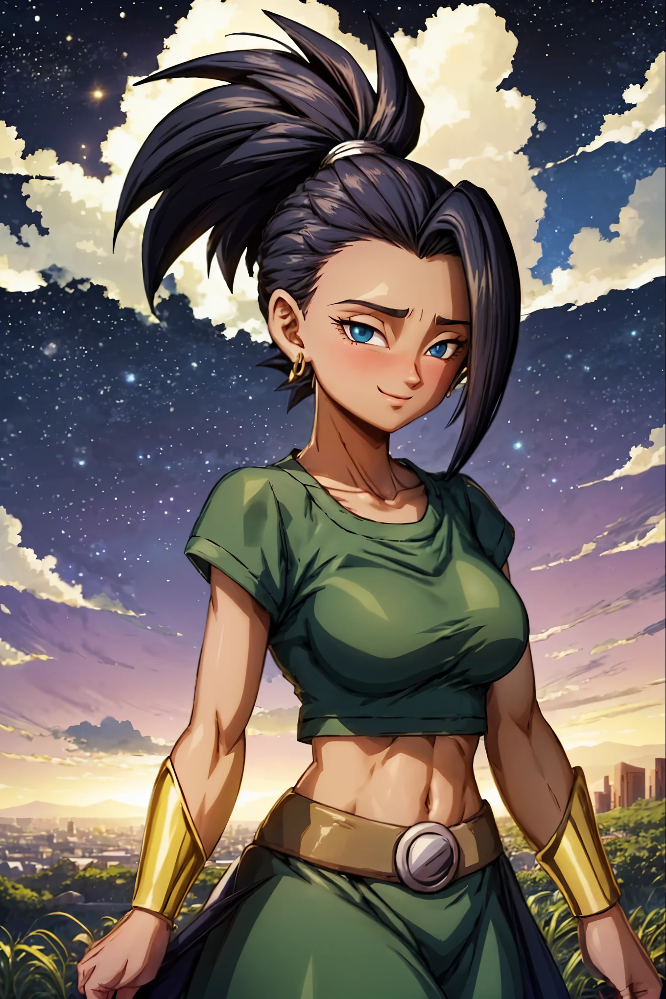 Kale, a slender Saiyan girl with light brown skin and long, wild black hair, standing on a vibrant green football field at night, wearing a white Real Madrid jersey. Her hair is styled with a single front fringe, gently framing her face. She has a wide, joyful smile, and her large, expressive eyes reflect the excitement of the game. The camera angle is slightly below her, focusing on her happy expression as she gazes toward the goalposts. Behind her, the sky is filled with twinkling stars, adding a magical touch to the scene. The rich green grass contrasts sharply with her white jersey, while the warm lights and cool tones of the night sky create a harmonious balance. Her hair flows gently in the breeze, emphasizing the single front fringe and adding to the sense of movement and energy