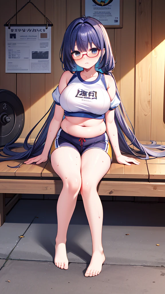 masterpiece, best quality, highly detailed, 1girl, solo, (marnie_pokemon:1.3),
black hair, asymmetrical bangs, hair ribbon, green eyes, (seductive smile:1.4), small breasts, choker, collar, blush,
(nessa_outfit:1.3), crop top, shorts, blue shorts, bikini, shirt, sleeveless, sleeveless shirt, tankini, sports bra, sportswear, sandals,
sitting, swimming pool, bbw, plump, large belly, large breasts, large thighs, love handles, wide hips, weight gain,