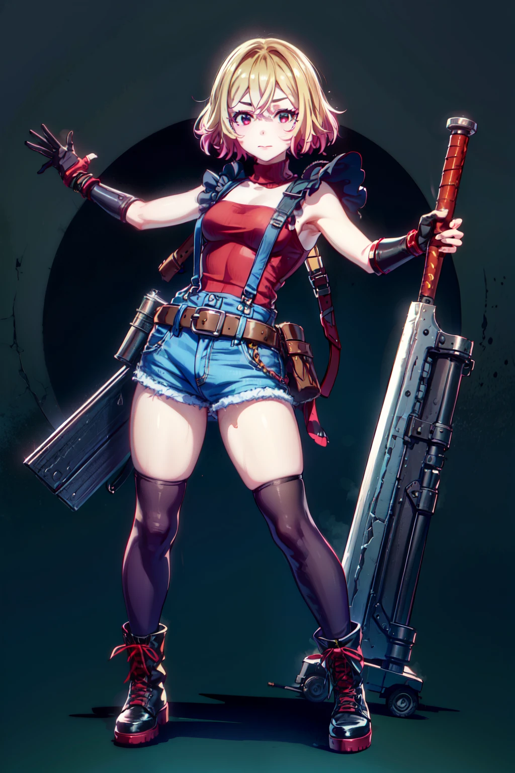 (masterpiece, best quality:1.2), red glowing eyes, red eyes, the eyes are red, perfect face,Mami nanami , strong make up, highres, 1 girl, solo, make up, (female:1.5), strife, multcolored hair, shoulder armor, sleeveless turtleneck, suspenders, belt, gloves, bracer, evil smile, standing, portrait, looking at viewer, giant sword on the back, long leather boots, fullbody shot