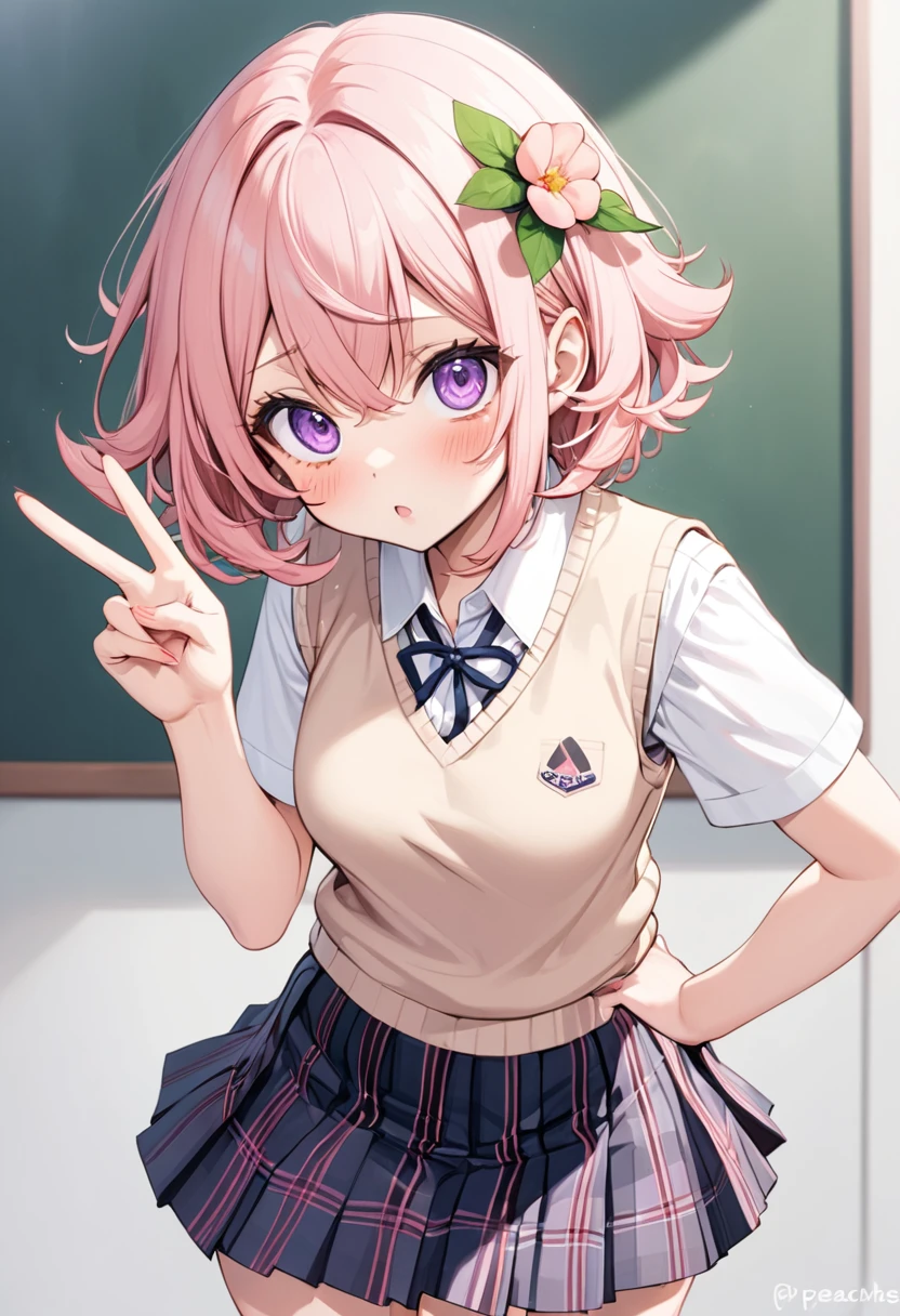 masterpiece, best quality, very aesthetic, absurdres, newest,1girl,upper body,Condom in mouth, double V gesture,blush,,momo_velia_deviluke, to_love-ru, to_love-ru_darkness,1girl,purple_eyes, pink_hair, short_hair, breasts, demon_tail, green_skirt, hair_flower, hair_ornament, sainan_high_school_uniform, school_uniform, shirt, skirt, tail, tail_fondling, thighhighs, white_shirt, black_thighhighs,,Wallpaper Fusion, dappled sunlight, day, flower, hydrangea, leaf, light rays, nature, outdoors, path, plant, purple flower, scenery, stairs, sunlight, torii, tree, wisteria