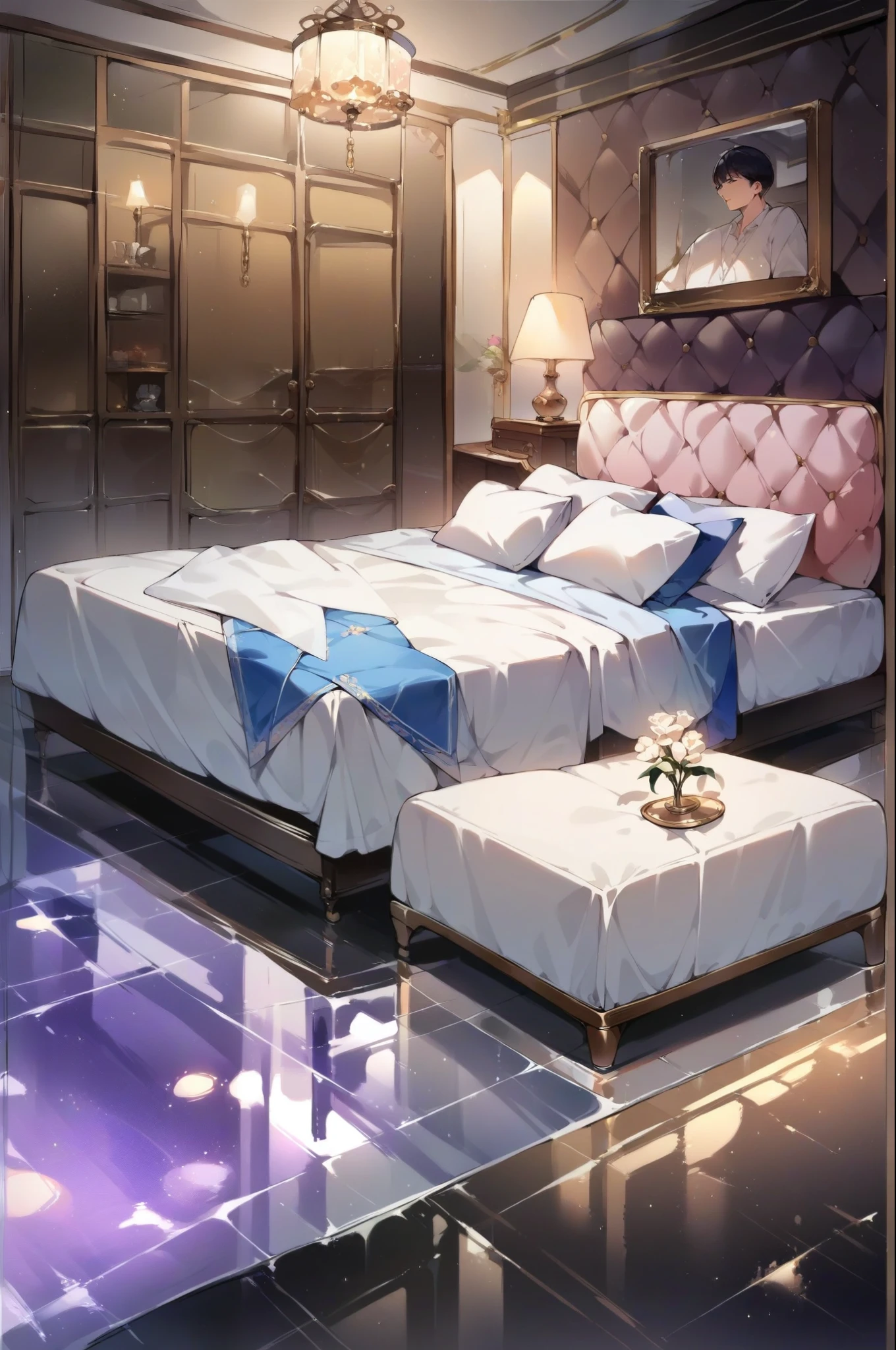 source_anime,score_9, score_8_up, score_7_up, rating_safe,  lovehotel, reflection ground,glowing bed,ceiling,