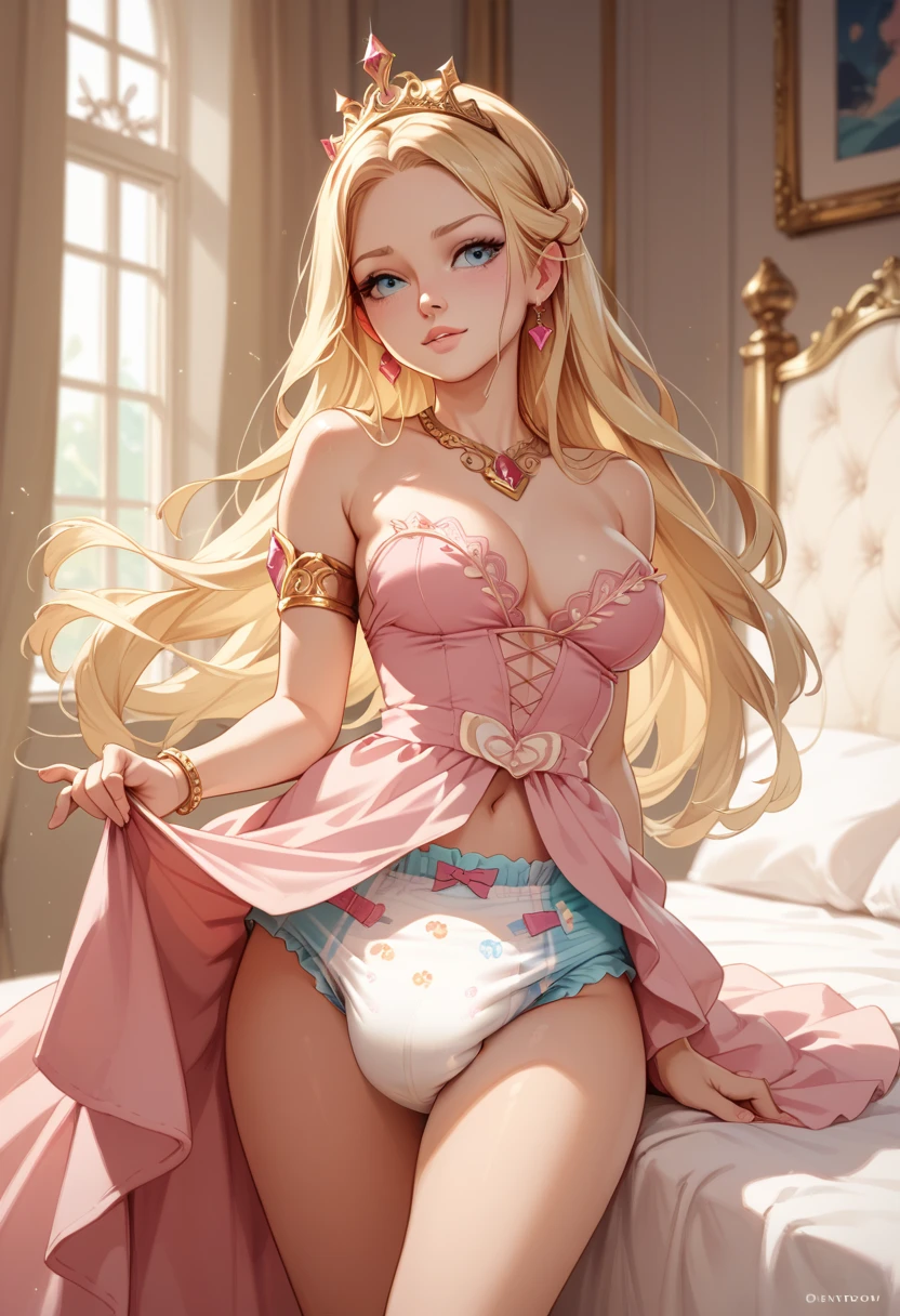 Beautiful long blonde　Princess in a pink dress　Gold Tiara　diaper　Cowboy Shot　bedroom　