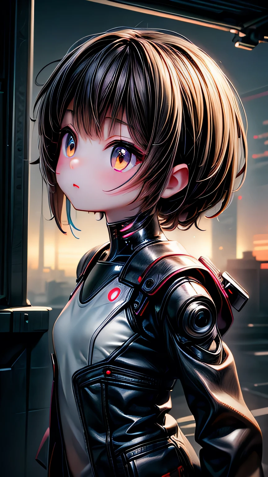 (masterpiece、Best Quality、8k、Sharp Focus、Depth of written boundary、Best Shadow、Perfect light、HDR、Realistic skin texture、Ultra-detailed backgrounds)、Anime Style、Long Angle Shot、((Cyberpunk Theme))、solo、One woman、She&#39;s a mercenary、(Green Eyes、White skin、Black hair in a ponytail、Choker、Small breasts、slim、Makeup、Eyeliner、Gross)、She works in the Korean city of the future.、 Holds a strong Tech Katana、night、null、Waning Moon、He&#39;s wearing a nice tech jacket and leather pants.