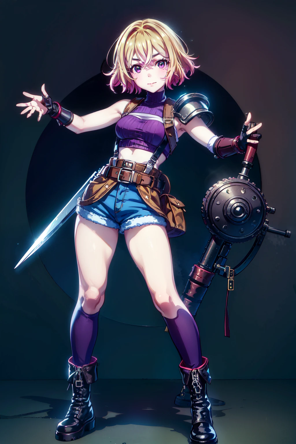 (masterpiece, best quality:1.2), pink glowing eyes, pink eyes, perfect face,Mami nanami , strong make up, highres, 1 girl, solo, make up, (female:1.5), strife, multcolored hair, shoulder armor, sleeveless turtleneck, suspenders, belt, gloves, bracer, evil smile, standing, portrait, looking at viewer, giant sword on the back, long leather boots, fullbody shot