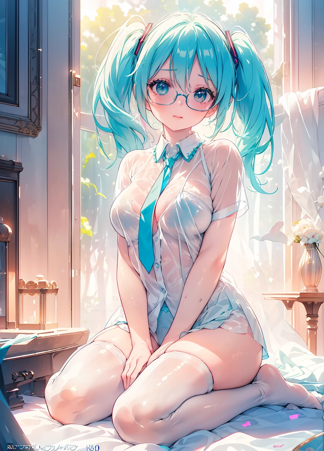 (masterpiece、Best Quality、Best Quality、Official Art、Beautiful and beautiful:1.2)、(One person:1.3)Hatsune Miku、Twin tails,Beautiful breasts,Gentle expression, Kneel, Hands Between Legs, White glasses, White Short Hair, (8k, RAW Photos, Realistic:1.25) ,( Lip gloss, Eyelashes, Glossy face, Glowing skin, Best Quality, Ultra-high resolution, Depth of written boundary, chromatic aberration, Caustics, Wide Light, Natural Shadows, K-Pop Idols) She gazes at the viewer with a look of serenity and goddess-like bliss., whole body, Big Breasts, white underwear, Black Stockings, See-through shirt, White shirt, secretary