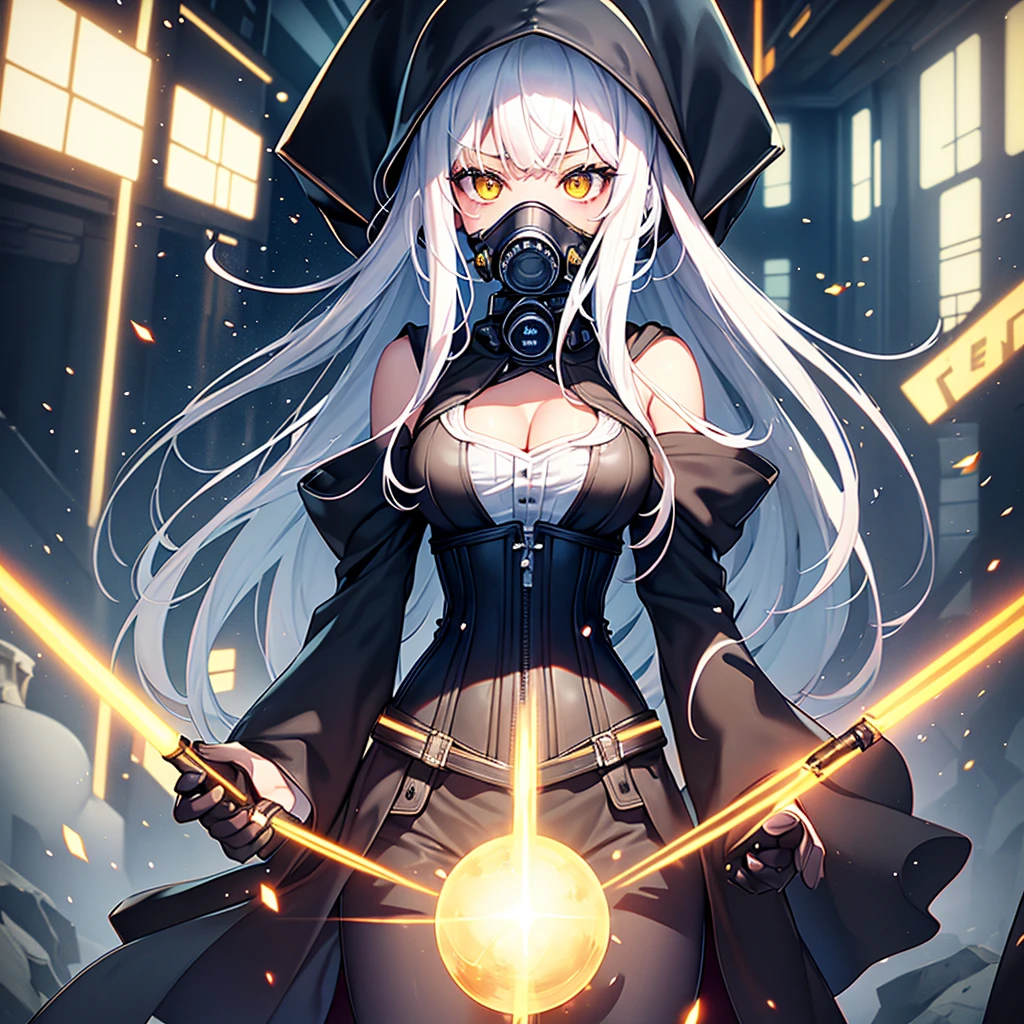 high quality、best image quality、masterpiece、1 girl((1、 By becoming、vest bust、medium bust、shining eyes, white hair、bangs、long hair、thin,highest valley、body suit、corset、jedi robe、gasmask、hood)),high quality、beautiful art、background((Dark Research Facility、yellow eyes、warning mark、battlefield))、star wars、debris flies、Depth of written boundary、movie、visual art、perfect art、8K,genuine、

