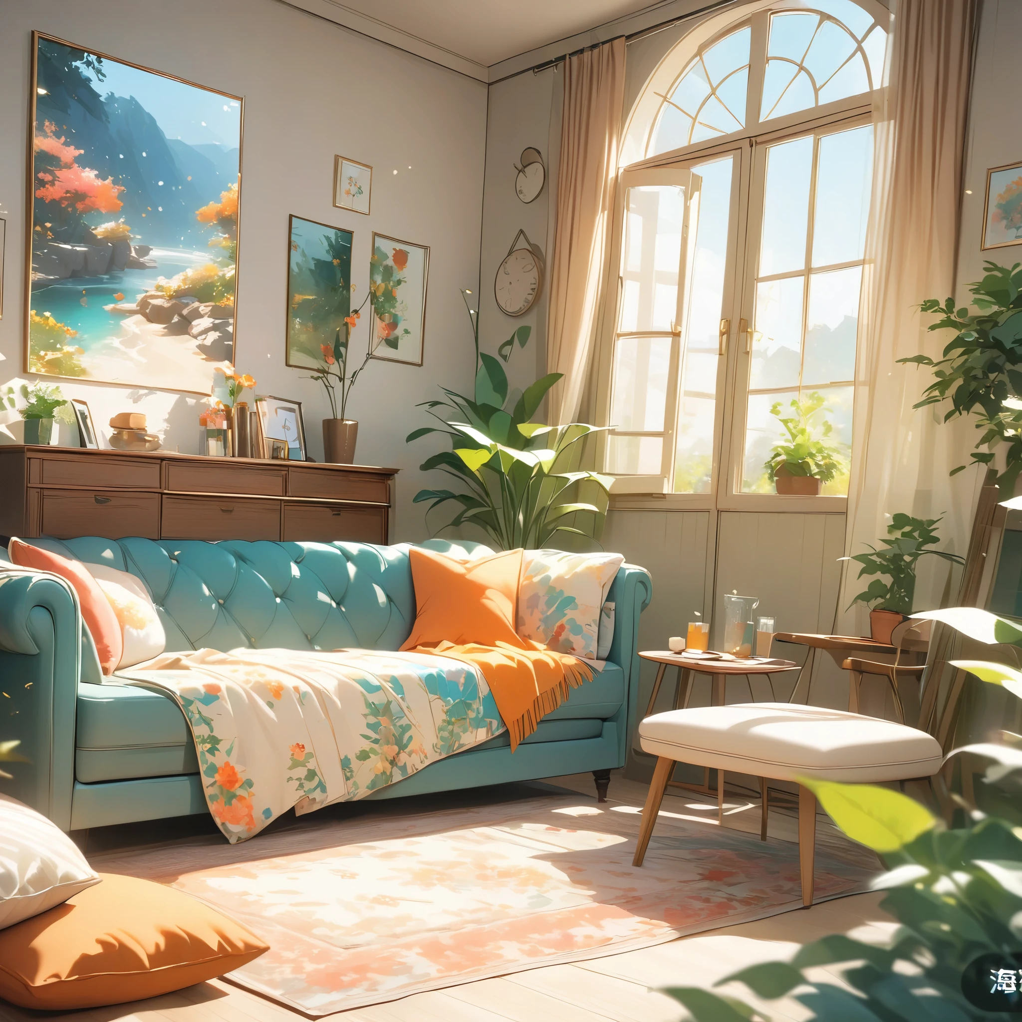 (masterpiece)，(high quality)，best quality，Reality，(Reality)，Ultra Detailed，(details)，(4K，8k，indoor，table，sofa，Potted plants，Chair，Solitary，Wide-angle lens，window，ground，Quilt，Pillow，Night view，large glass window