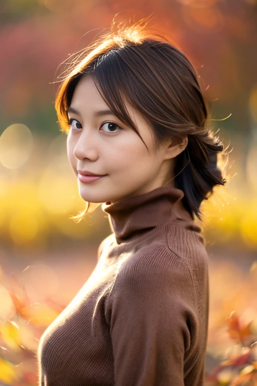 photorealistic, Real Photo, anatomically correct, accurate, textured skin, super detail, 
whole body, 1 girl, beautiful Japanese woman, 
looking at viewer, (light smile:0.5), Natural Makeup, 
large breasts, Glamorous Body, Plum Thighs, 
(Wearing a turtleneck black sweater:1.2), autumn Clothing, 
(Autumn forest, red leaves all over the ground:1.4), (Magnificent autumn sunset sky:1.2) , Autumnal tree in the foreground, autumn trees and leaves,  
A pleasant breeze, natural lighting, (backlighting), (face rim light:1.2), blurred background, depth of field, UHD, 8k